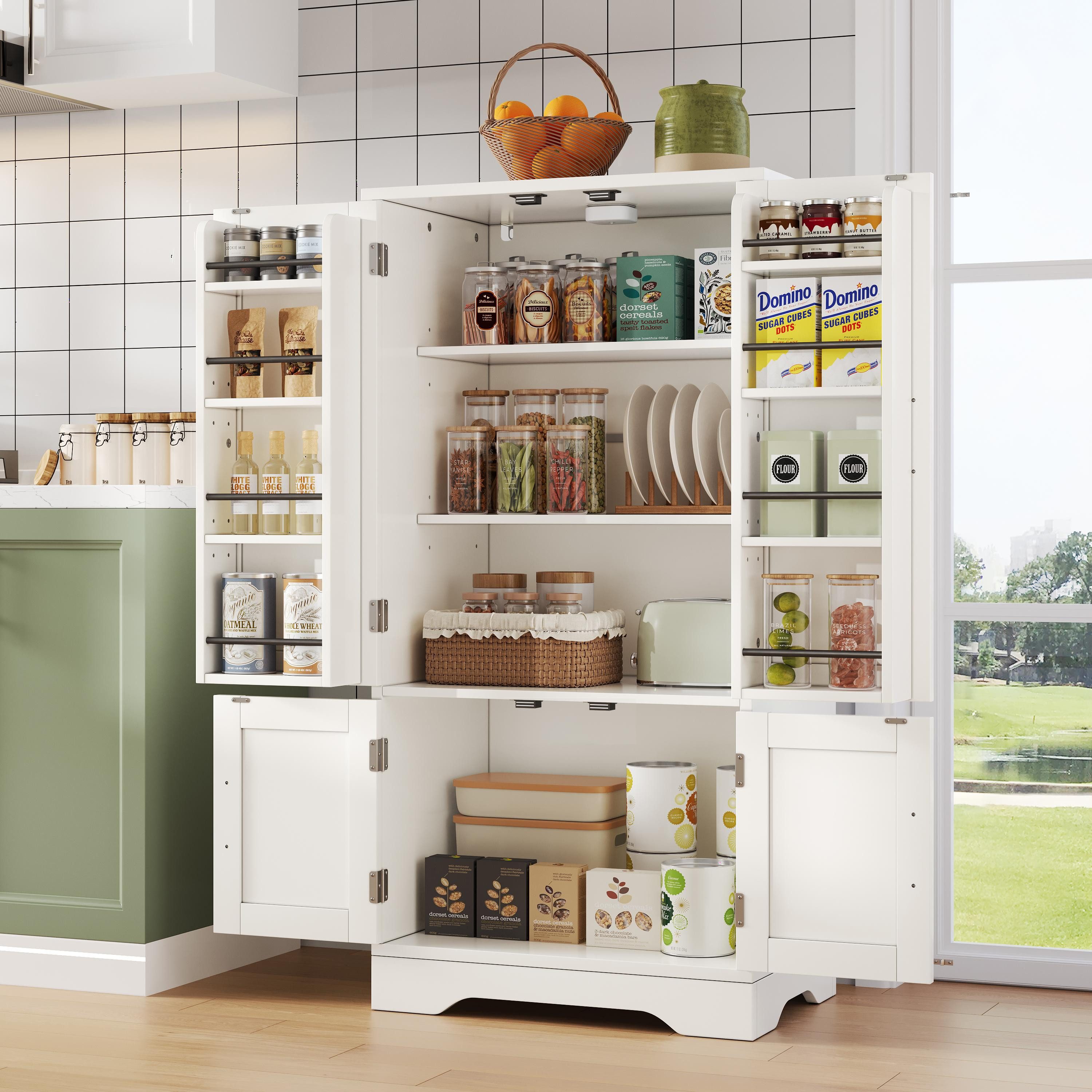 Flieks Hochschrank Küchenschrank mit LED-Sensorlicht mit verstellbaren Regalböden (H120xB60xT40 cm, 1-St) Mehrzweckschrank Buffetschrank mit 2 Türablagen Holzsc – Bild 4 von 5