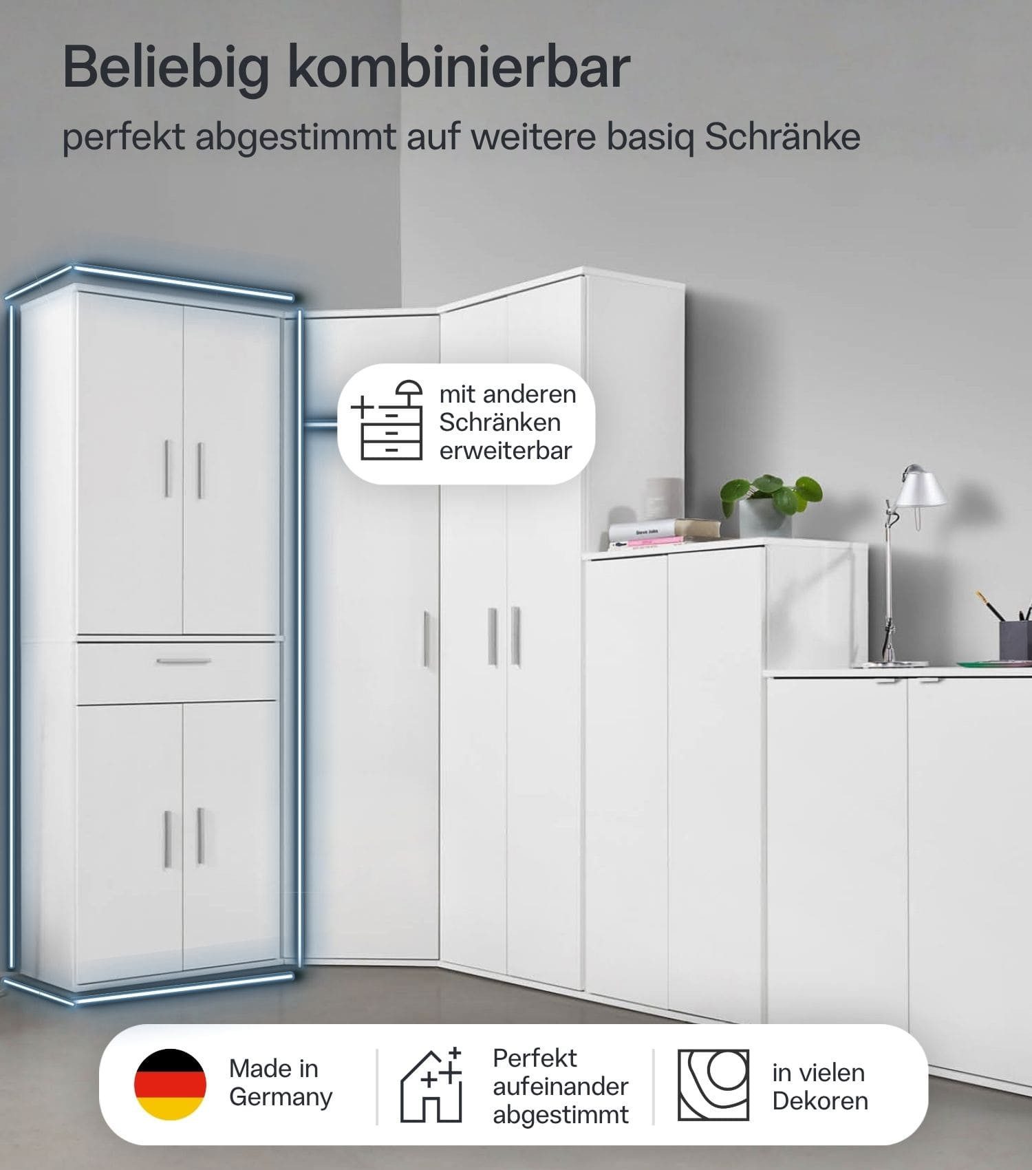 mokebo Mehrzweckschrank Der Praktische (60x180 cm, mit Schublade) Made in Germany, Büroschrank, Aktenschrank, Apothekerschrank in Weiß