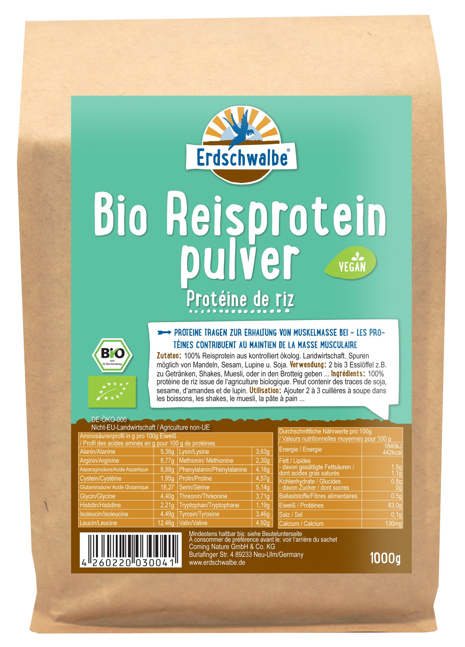 Erdschwalbe - Bio Reisprotein - veganes Protein - 1kg von Erdschwalbe Pulver