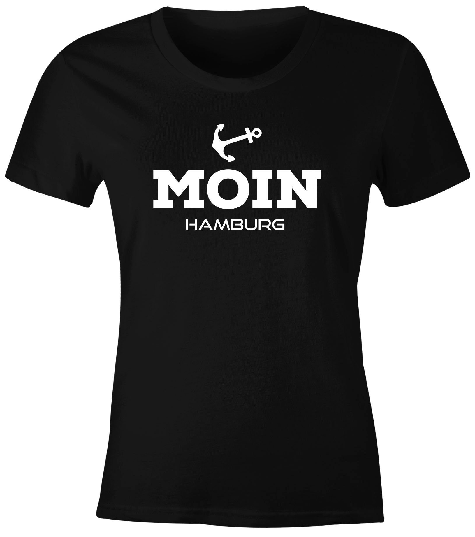 MoonWorks Print-Shirt Damen T-Shirt Moin Hamburg Anker maritime Damen Slim Fit Moonworks® mit Print schwarz