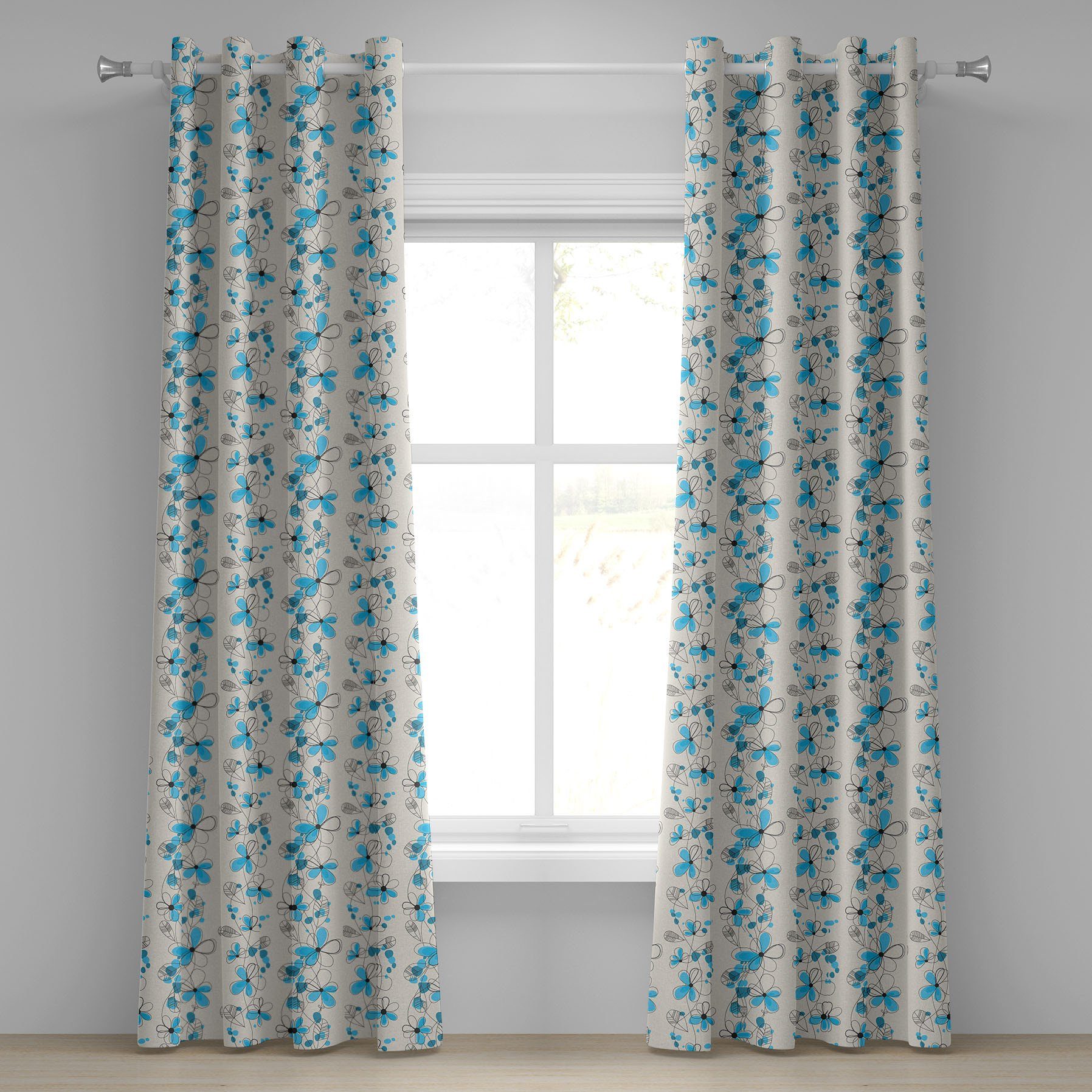 Gardine Dekorative 2-Panel-Fenstervorhänge für Schlafzimmer Wohnzimmer, Abakuhaus, Grau und Blau Childish Gänseblümchen