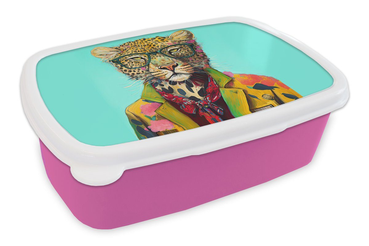 MuchoWow Lunchbox Tier - Brille - Leopard - Schleife - Design, Kunststoff, (2-tlg), Brotbox für Erwachsene, Brotdose Kinder, Snackbox, Mädchen, Kunststoff rosa