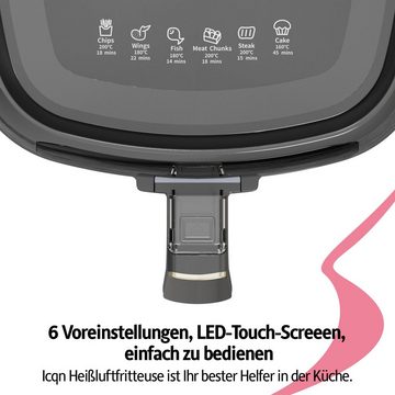 ICQN Heißluftfritteuse AirFryer, Digitalem LED-Touchscreen, 6 Programmen, ohne ÖL, 1300,00 W, 6L XL Friteuse Heissluft, Airfry, Schwarz
