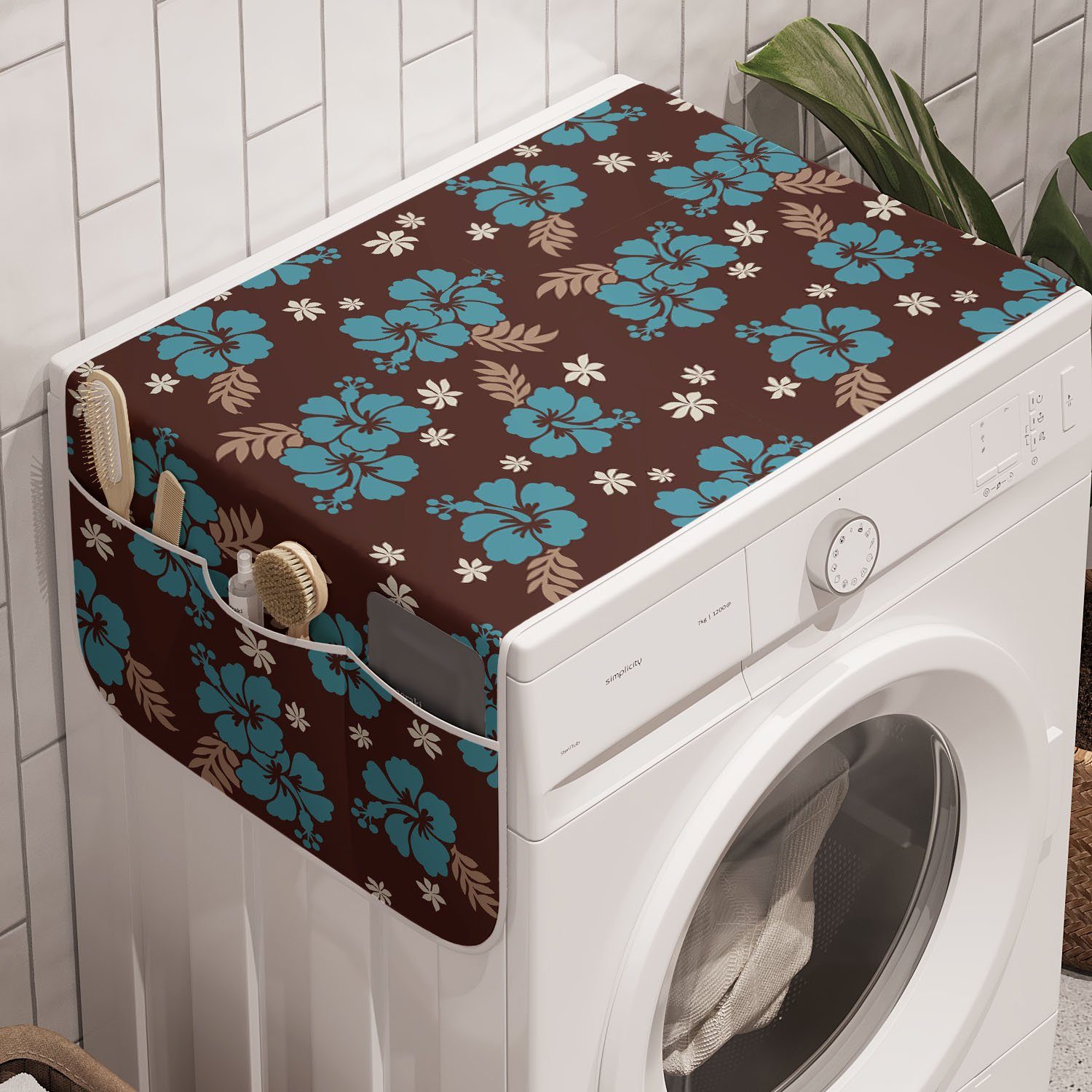 Anti-Rutsch-Stoffabdeckung für Blumen-Hibiscus-Kunst Waschmaschine Trockner, Badorganizer Weiße Blumen Abakuhaus und