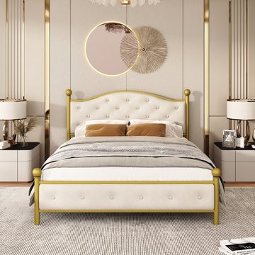 OKWISH Metallbett Bettgestelle mit Lattenrost, Einzelbett, Bettrahmen mit Kopftei, Jugendbett für Schlafzimmer, Gästezimmer, 140x200 cm, golden