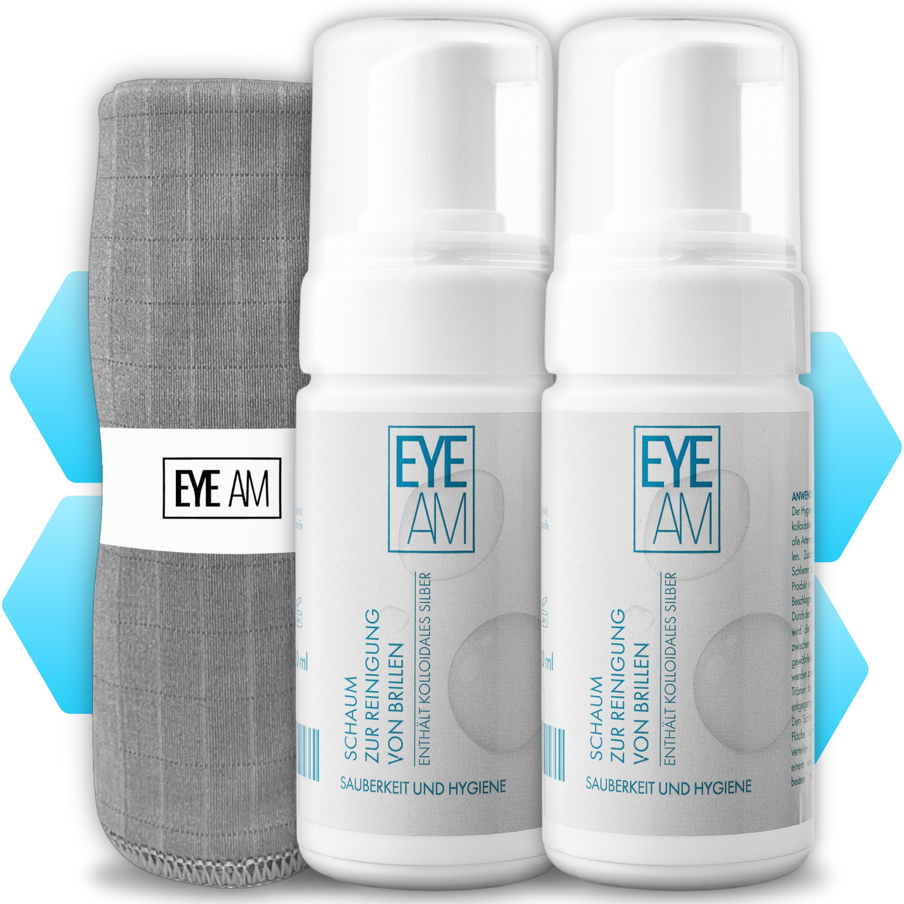 EyeAm Brillenschaum mit kolloidalem Silber, Für die Reinigung der Brille, Glasreiniger (2x100ml Inkl. Mikrofasertuch)