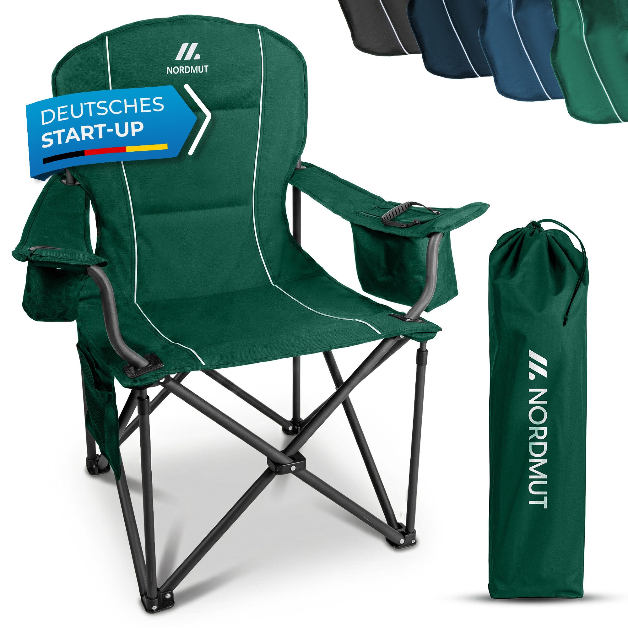 Nordmut Campingstuhl Klappstuhl faltbar, Outdoor Strand Angeln Garten, 200 kg, Armlehne (Spar-Set, 1 St), Kühltasche, Getränkehalter, breite Sitzfläche, gepolstert, wetterfest