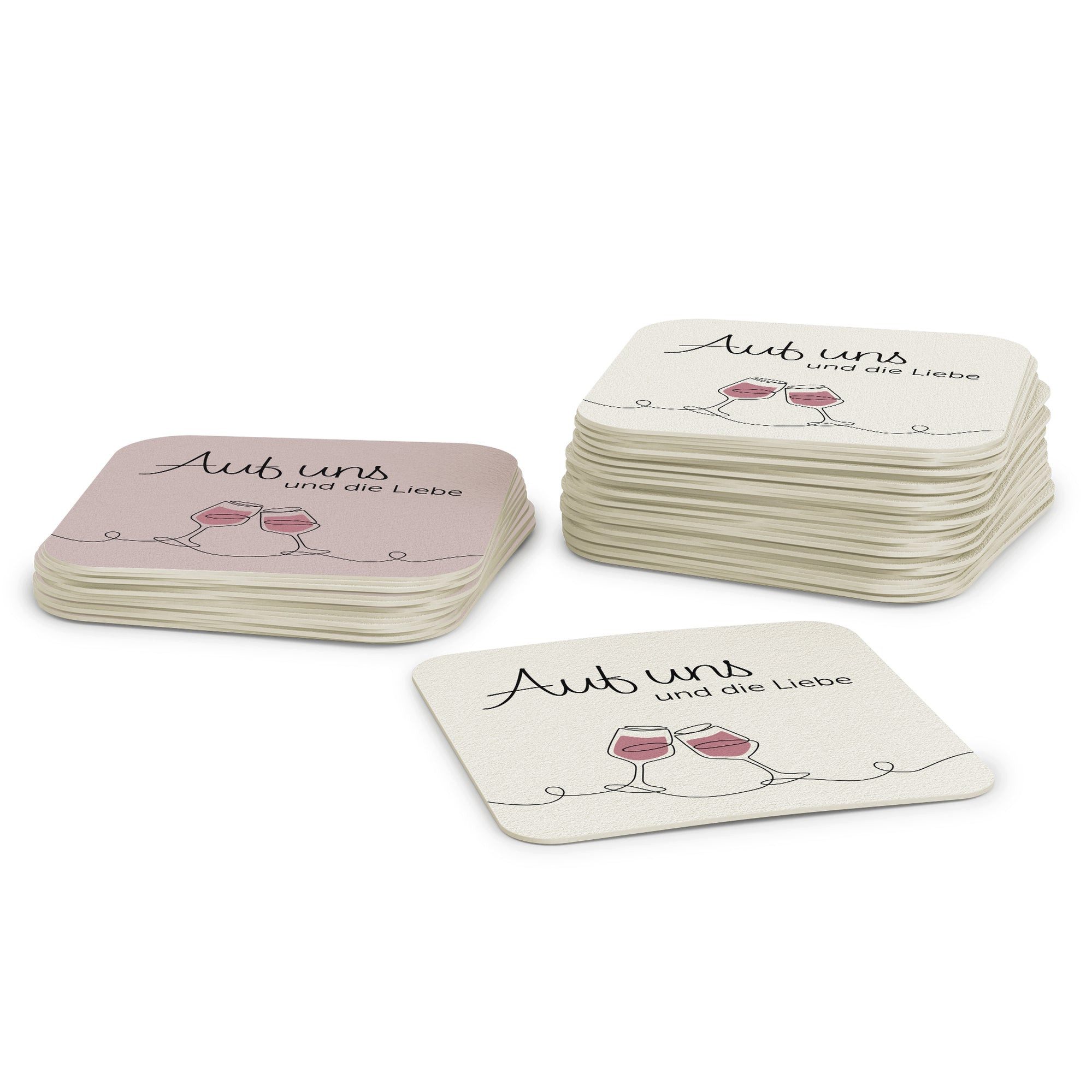 FLYERALARM Bierdeckel "Auf uns und die Liebe" Design Rechteckig 50 Stück, Schlicht & Schön, 9,3 x 9,3 cm