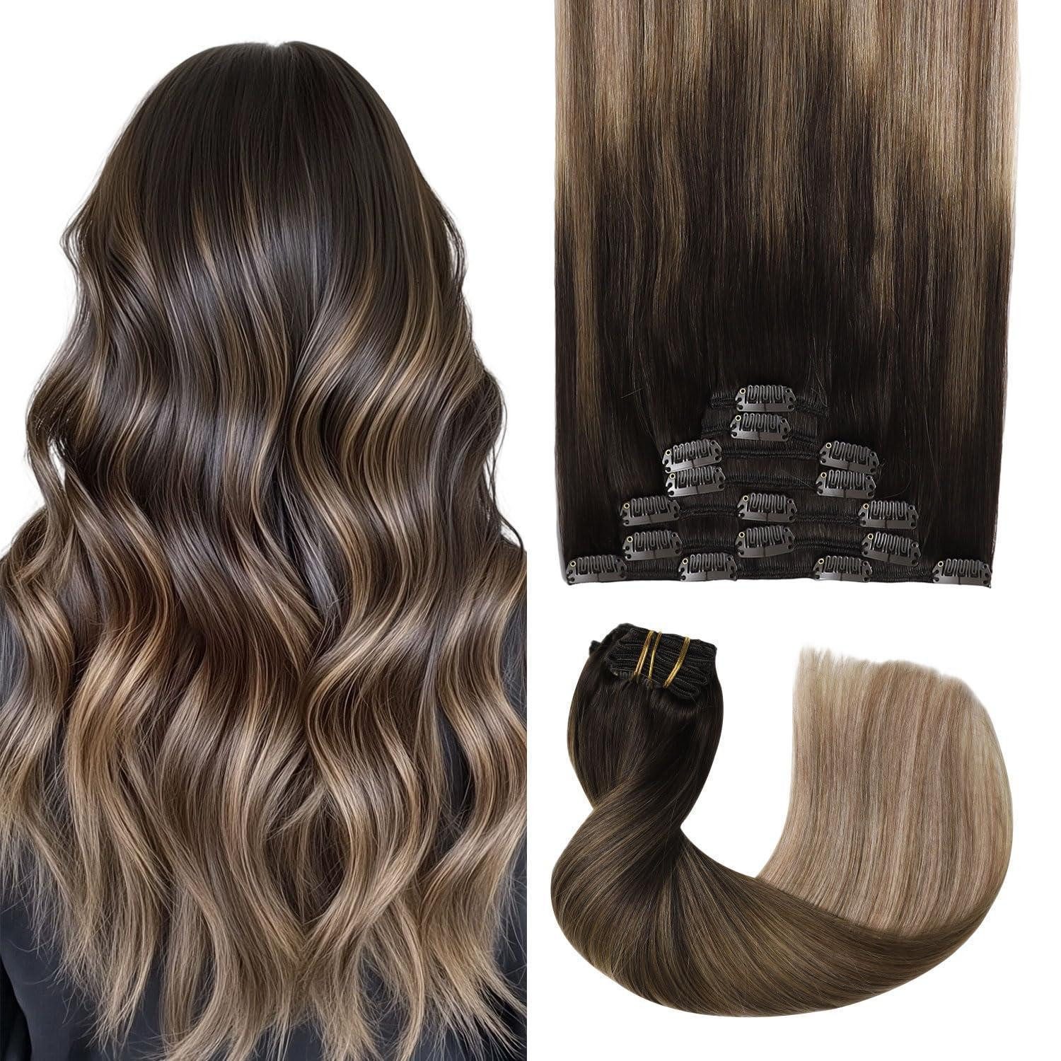 Echthaar-Extension Clip In 45cm #2 6 18 Dunkel Braun bis Chestnut Braun und Dirty Blonde