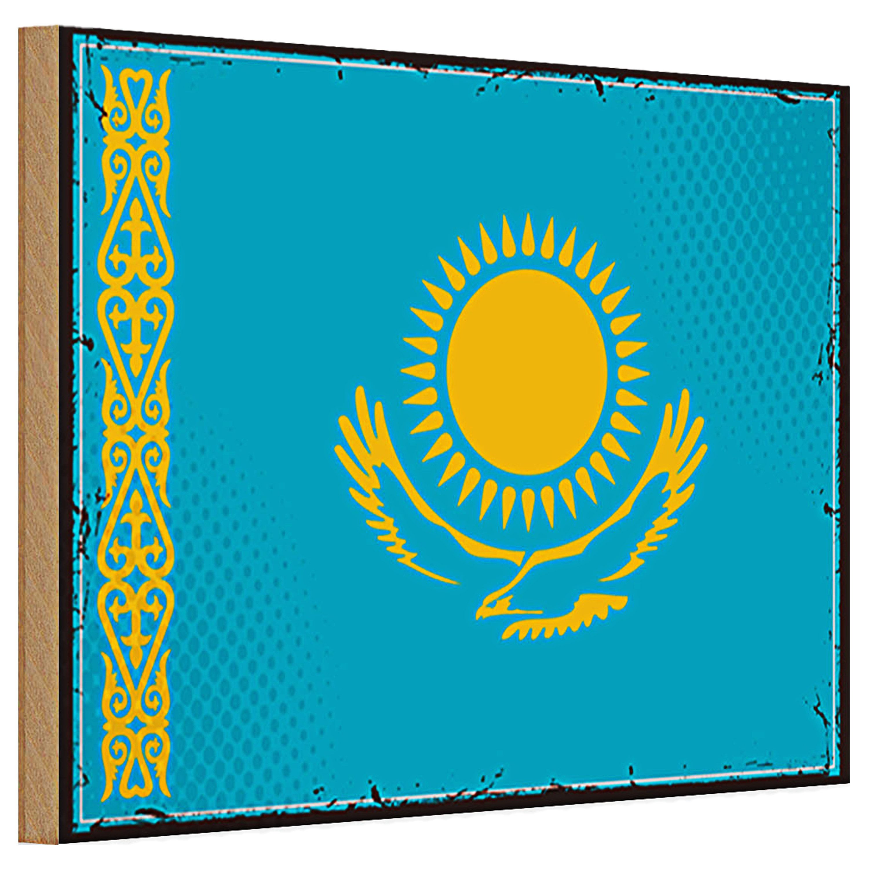 Roomando Holzbild Holzschild Flagge Kasachstan 30x20cm Retro Kazakhstan
