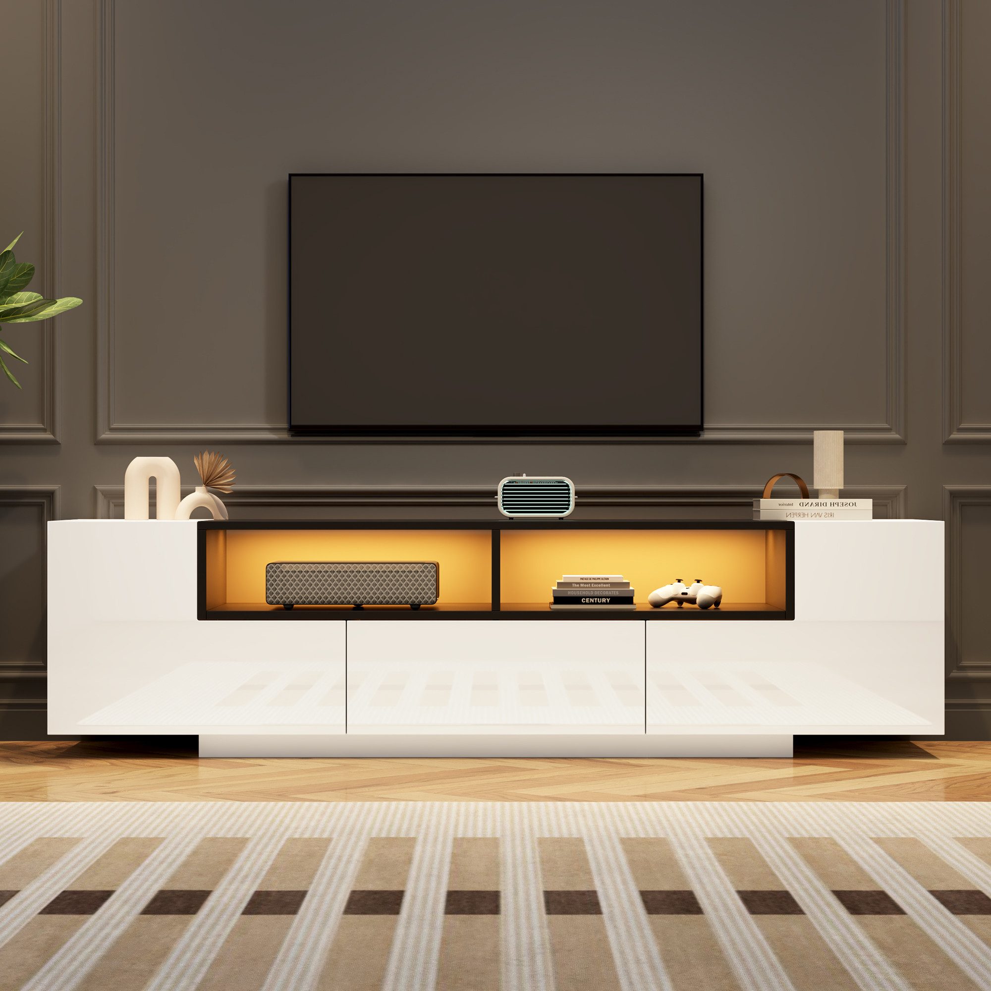 Merax Lowboard hochglanz Fernsehschrank mit LED-Beleuchtung & App-Steuerung (1 St), TV-Schrank mit 2 L-Schränken, Schublade & Stauraum, 180x40x48cm