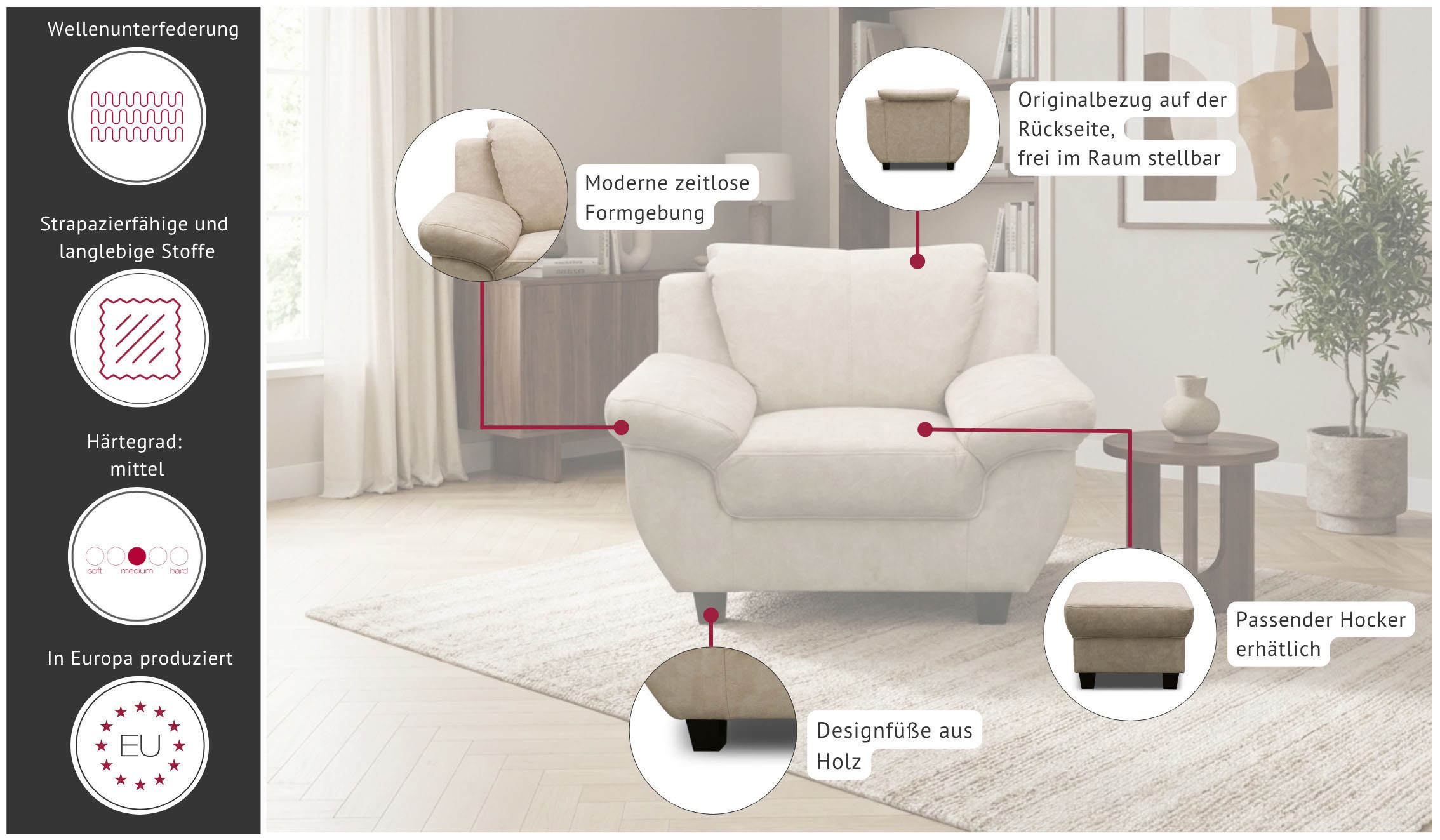 OTTO home Sessel Silkeborg Sitzbreite: 49 cm, gemütlich und formschön, aus pflegeleichtem, weichem Luxus-Microfaser