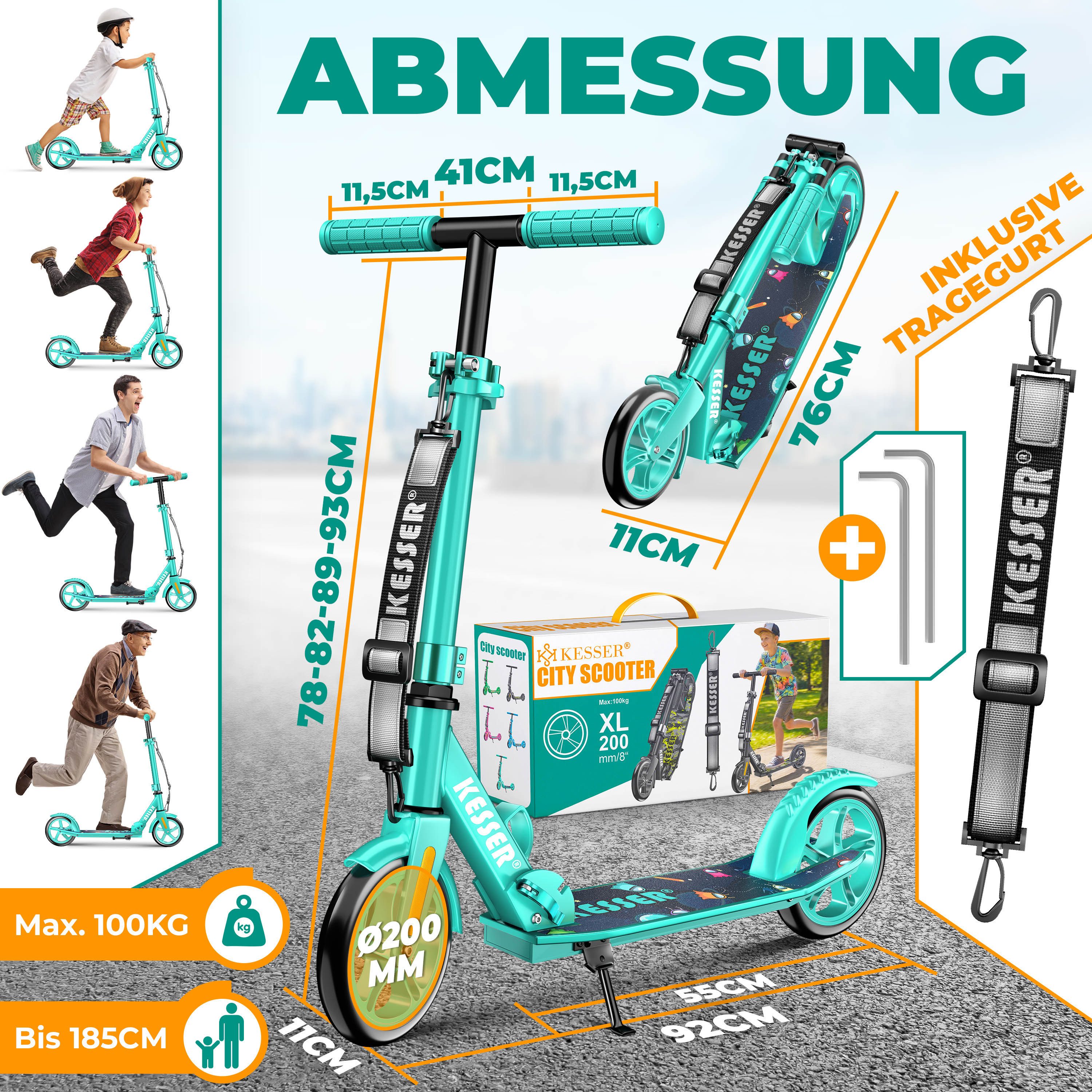 KESSER Scooter mit Hinterradbremse & rutschfeste Trittfläche, bis 100kg & 185cm Körpergröße, klappbar höhenverstellbar – Bild 2 von 5