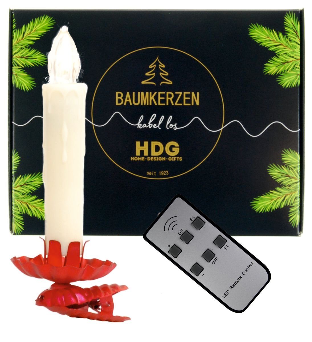 hdg LED-Christbaumkerzen »weiß mit Fernbedienung Ø 15 mm«, inkl. 8 roten  Baumkerzenhaltern in Zapfenform made in Germany online kaufen | OTTO