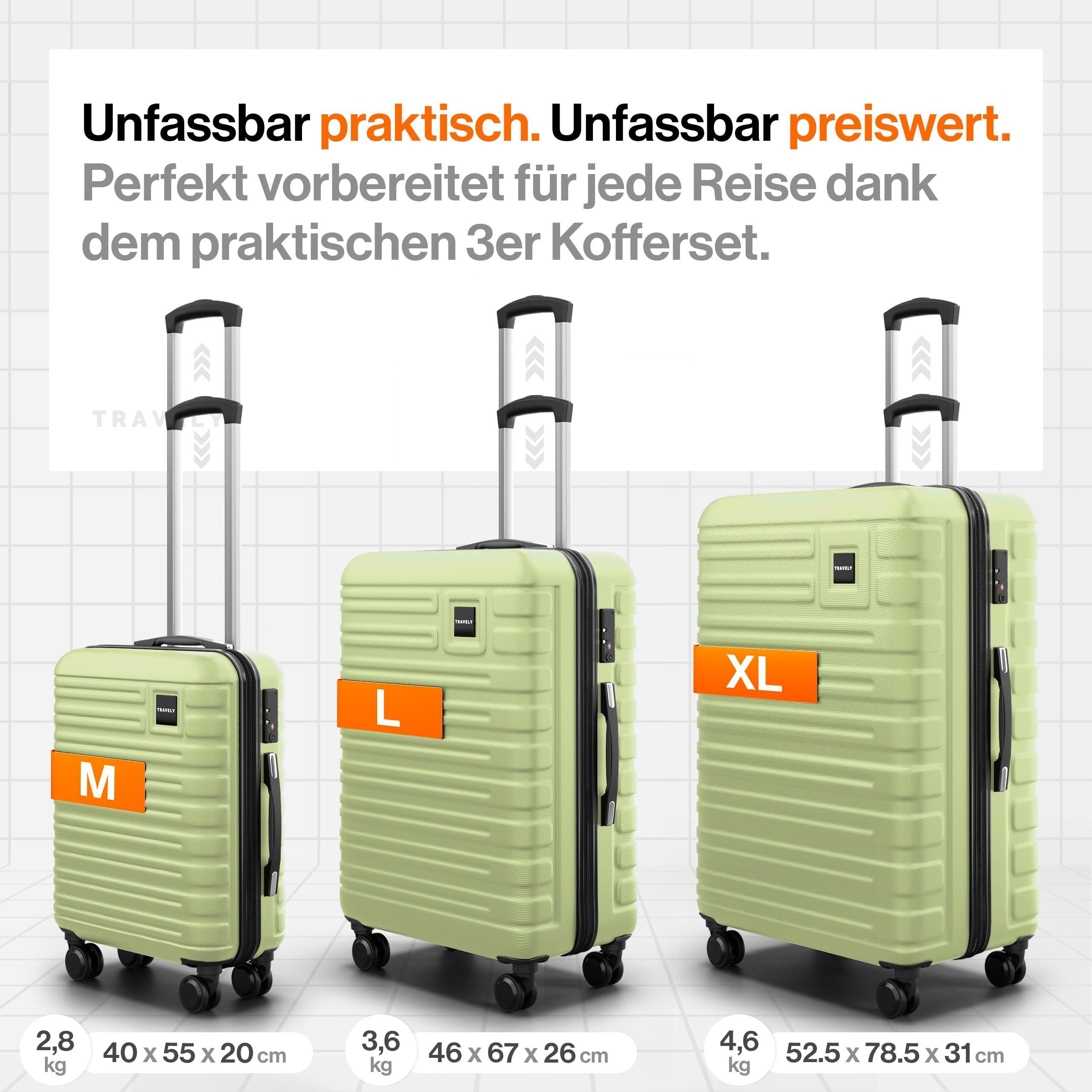 Travely Koffer Polycarbonat Koffer Set - 3 teiliges Kofferset, XL + L + M, 4 Rollen, Designed in Germany, austauschbare Griffe und Rollen – Bild 4 von 5