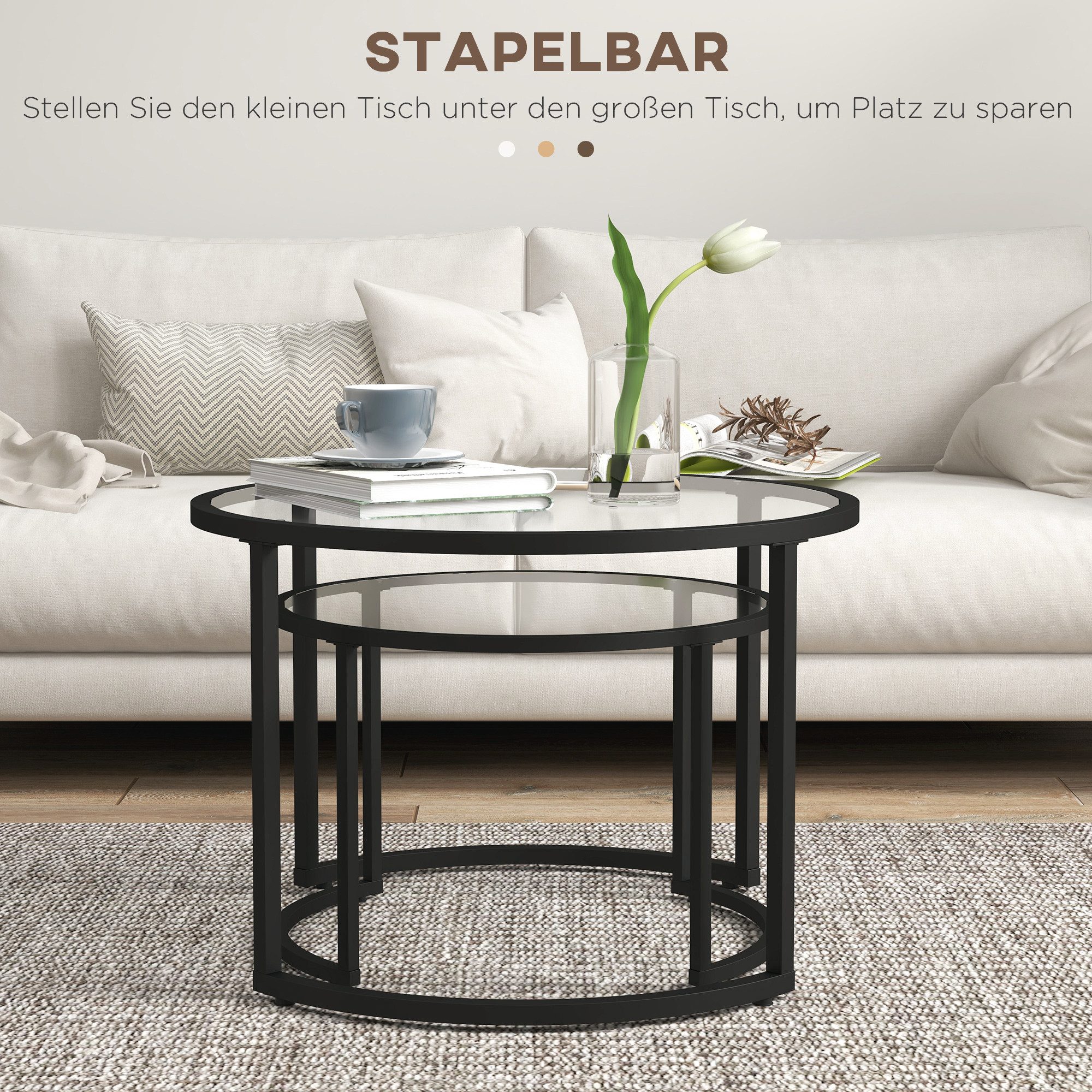 HOMCOM Couchtisch rund Beistelltisch Hartglas-Tischplatte, teilweise stapelbar (Kaffeetisch, 2-St., Sofatisch), für Wohnzimmer, Schlafzimmer Schwarz – Bild 4 von 5
