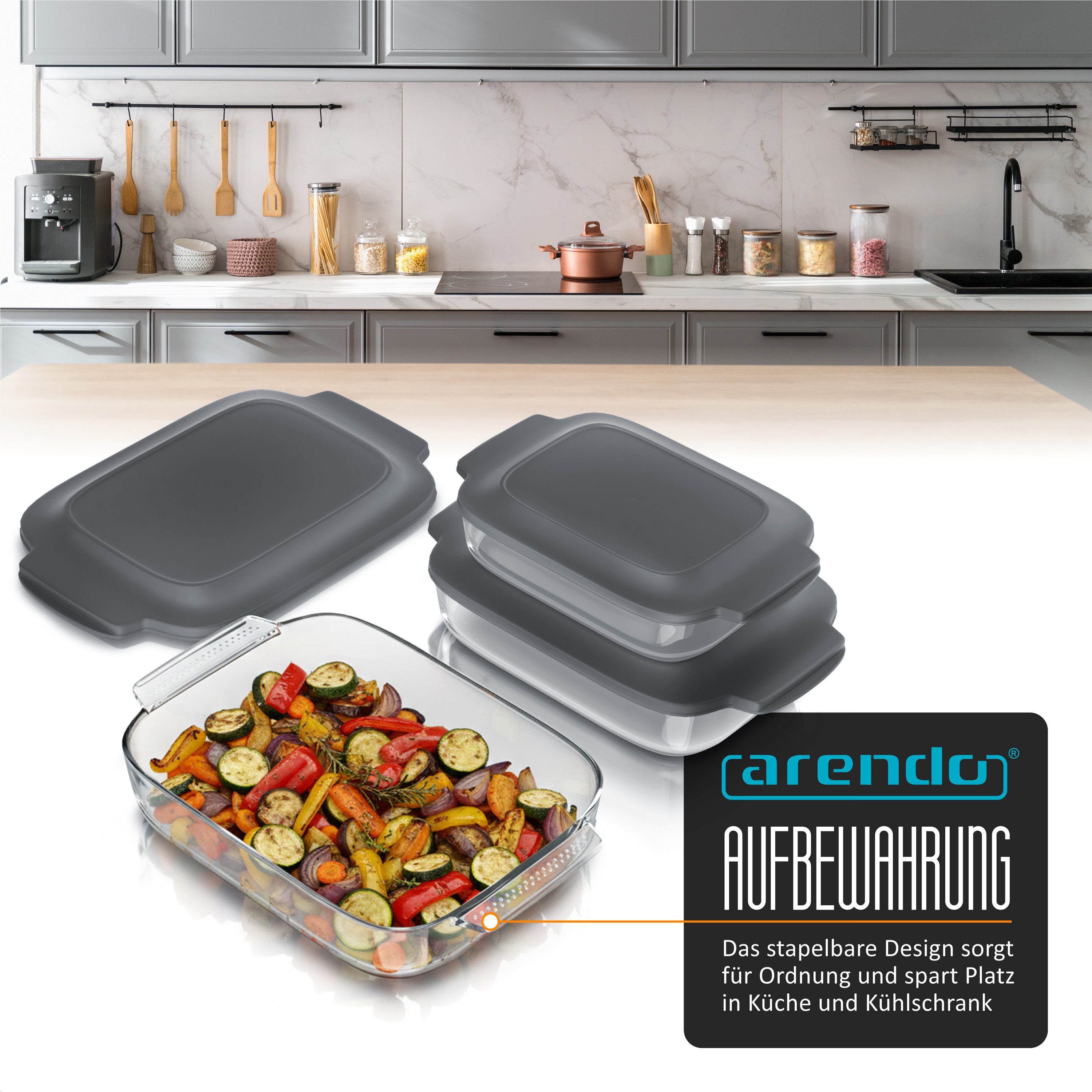Arendo Auflaufform 3er Set 2000ml, 2700ml & 3800ml mit Deckel & Griffen, stapelbar, Glas, (3-St), Glasbehälter, Borosilikatglas, ofenfest, mikrowellengeeignet, BPA-frei