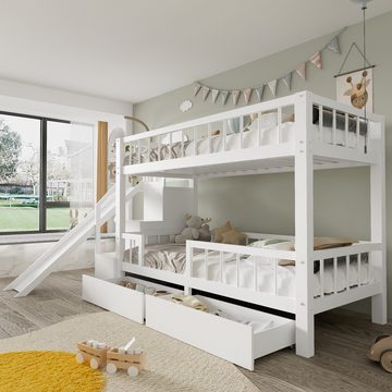 OKWISH Etagenbett Kinderbett (mit 2 Schubladen,ohne Matratze), mit Rutsche und Treppen,massivholz,90*200