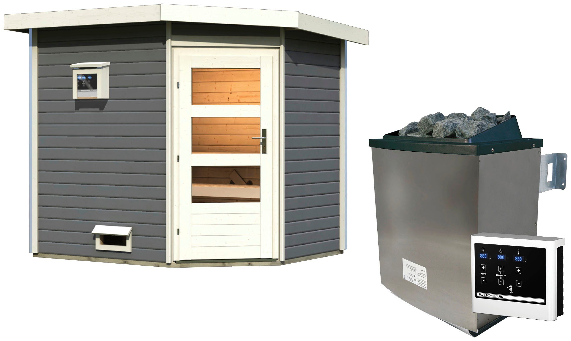 Karibu Saunahaus Tore, BxTxH: 231 x 196 x 226 cm, 38 mm, (Set) Ofen 9 KW externe Strg easy