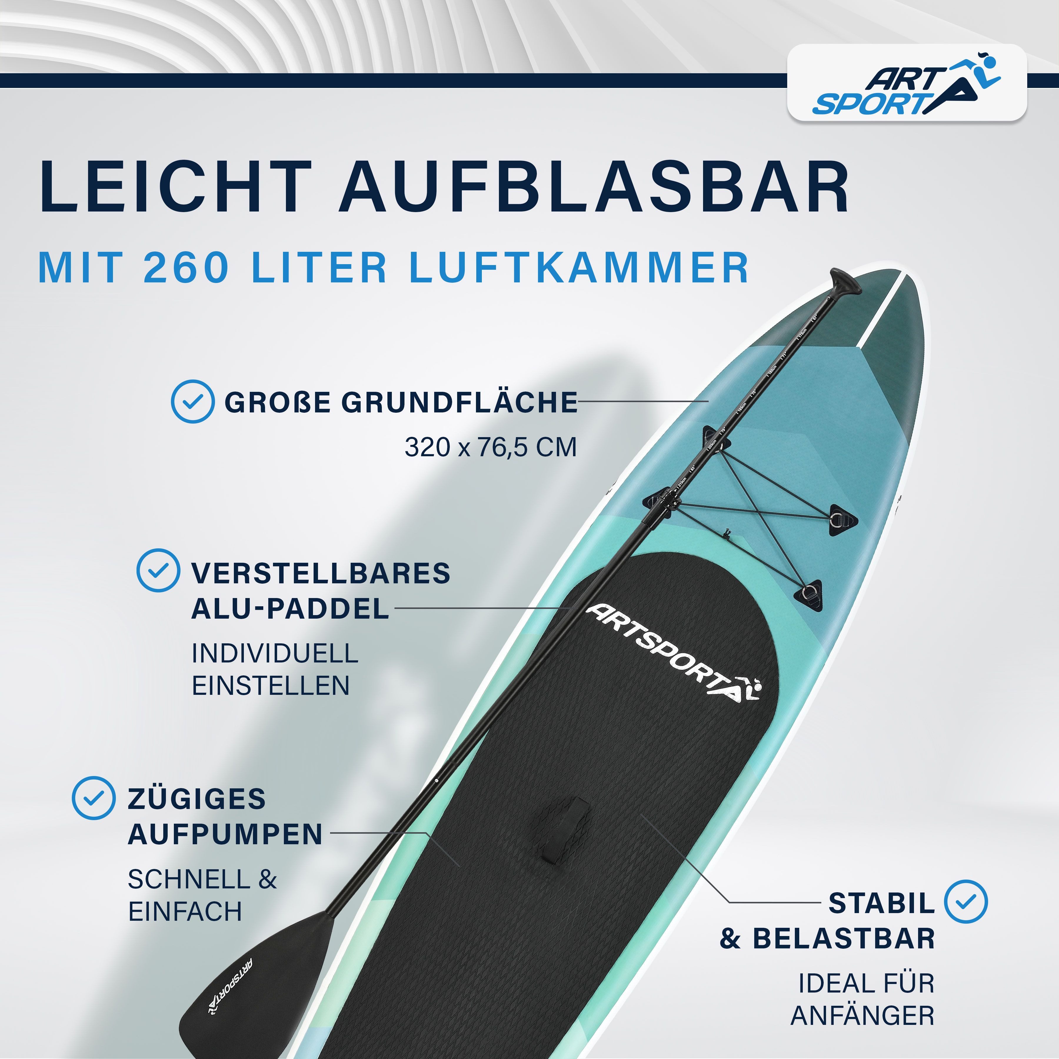 ArtSport Inflatable SUP-Board Blue Wave, Stand Up Paddling Board, ideal für Anfänger, bis 150 kg, inkl. Tragetasche und Zubehör