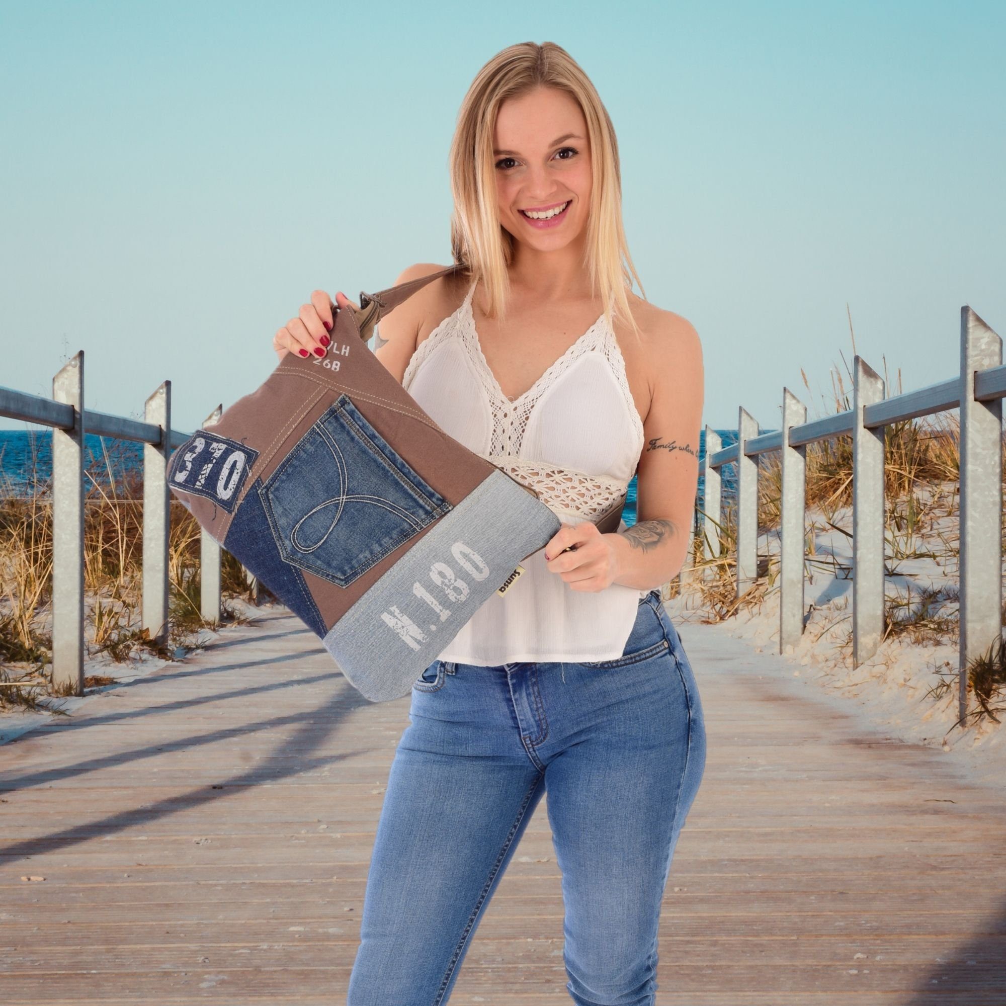 Sunsa Umhängetasche Nachhaltige Jeanstasche Crossbody Tasche Umhängetasche, Mit abnehmbaren Schulterriemen, recycelter Jeansstoff