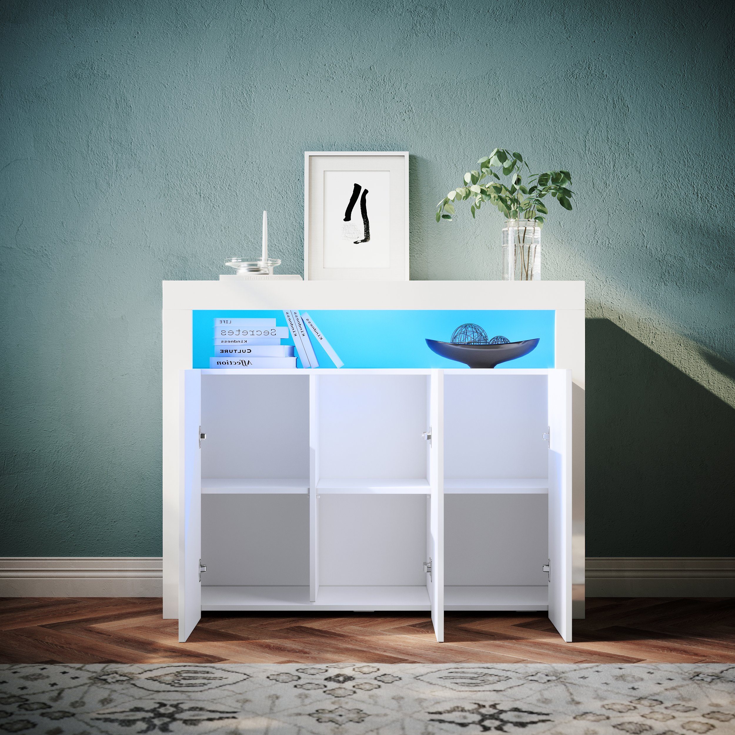 SONNI Kommode Kommode weiß Hochglanz mit led Beleuchtung 116cm x 93cm x 35cm, Kommodenschrank