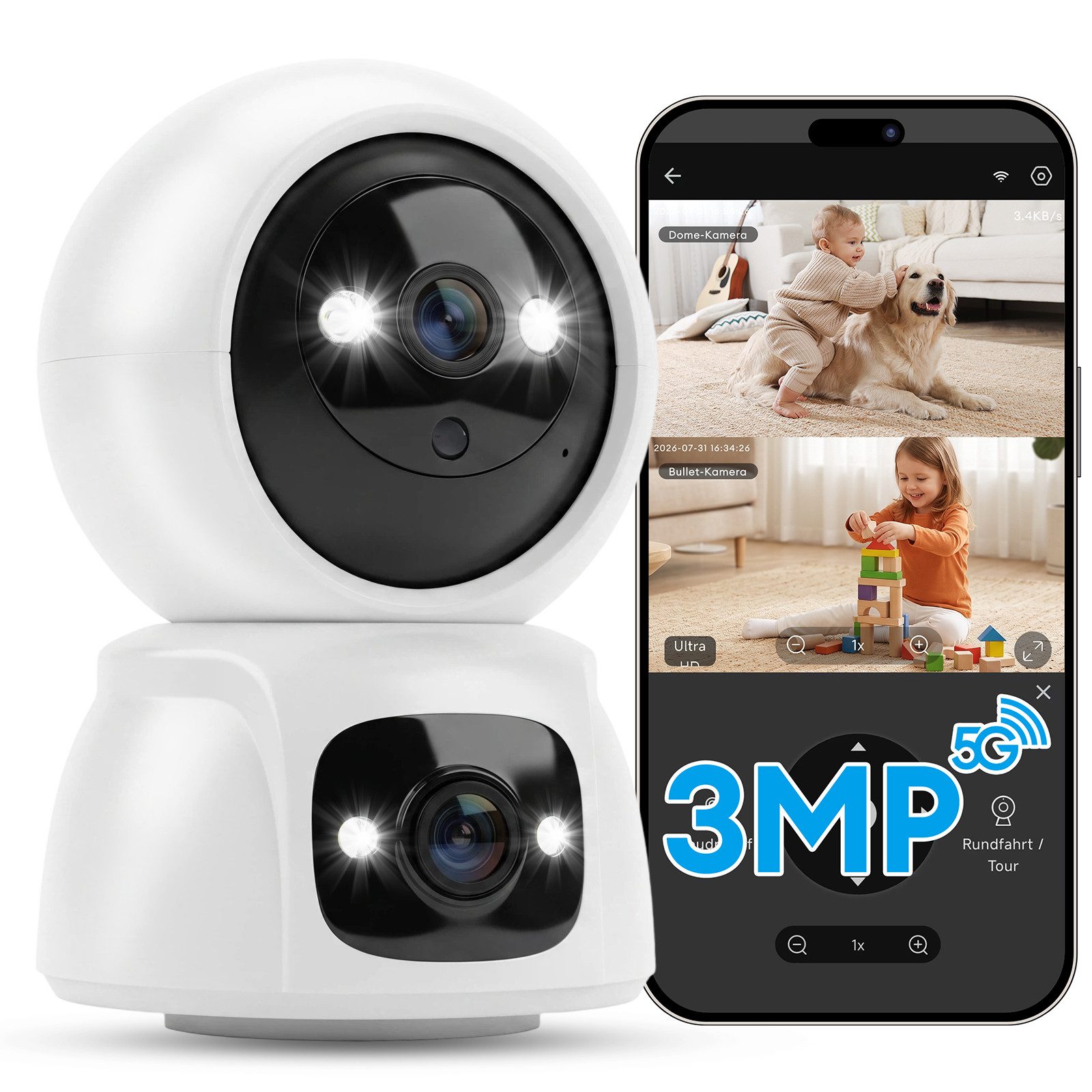 CkeyiN Überwachungskamera 3MP 2K+2K Dual-Objektiv 5G/2,4GHz WLAN 360° PTZ Überwachungskamera (Innenbereich, Farbnachtsicht KI-Bewegungserkennung 2-Wege-Audio SD & Cloud Speicher)