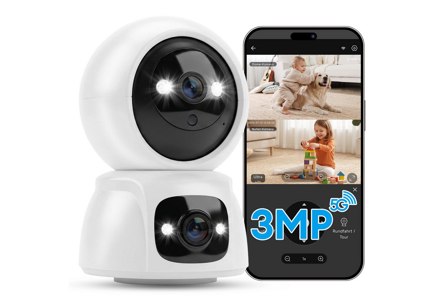 CkeyiN Überwachungskamera 3MP 2K+2K Dual-Objektiv 5G/2,4GHz WLAN 360° PTZ Überwachungskamera (Innenbereich, Farbnachtsicht KI-Bewegungserkennung 2-Wege-Audio SD & Cloud Speicher)