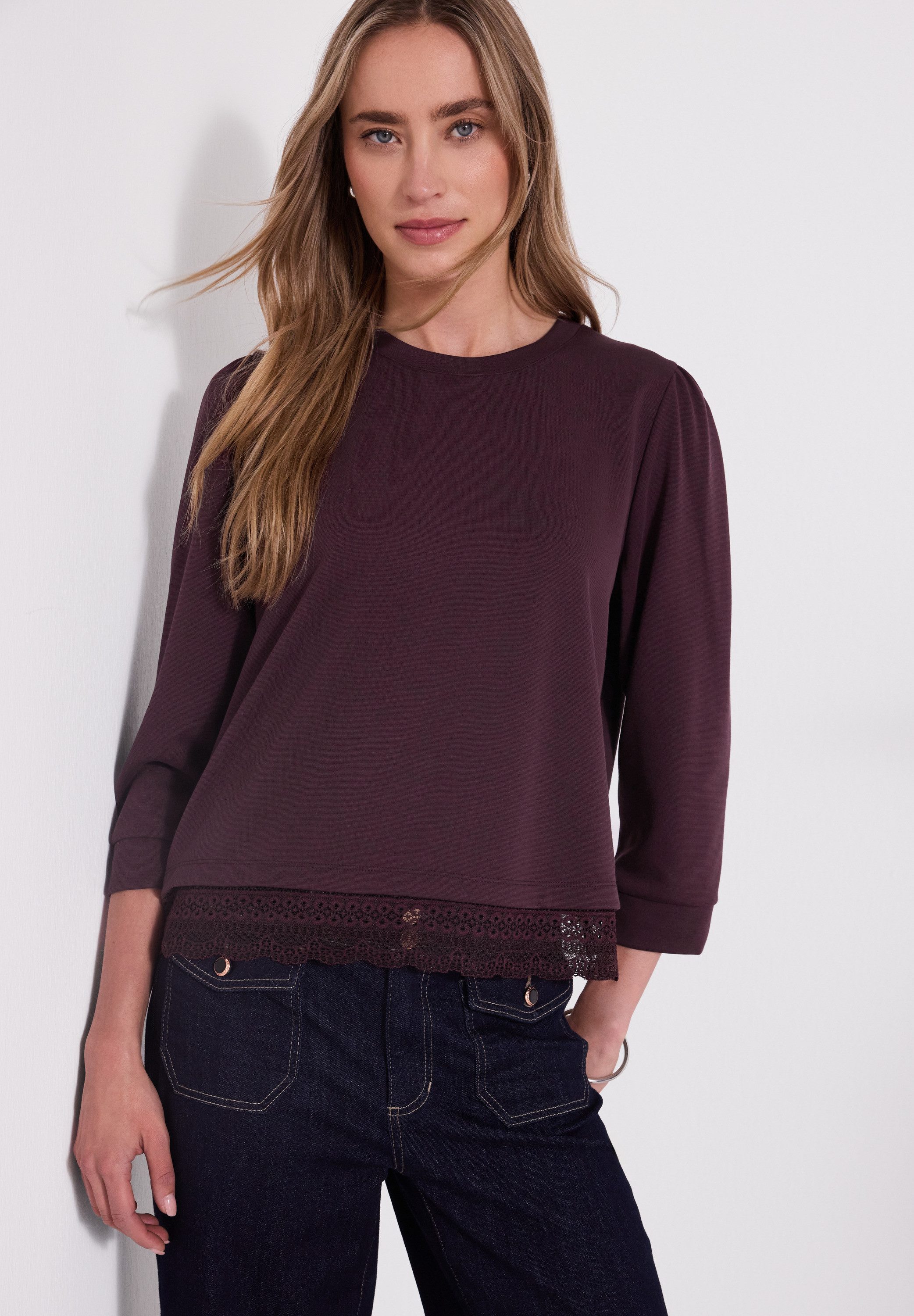 STREET ONE 3/4-Arm-Shirt mit Spitzenkante am Saum / mit Stretch