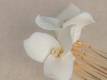 Brautkrone Haarkamm Braut Haarschmuck mit weißen Blumen zur Hochzeit, Keramikblüten