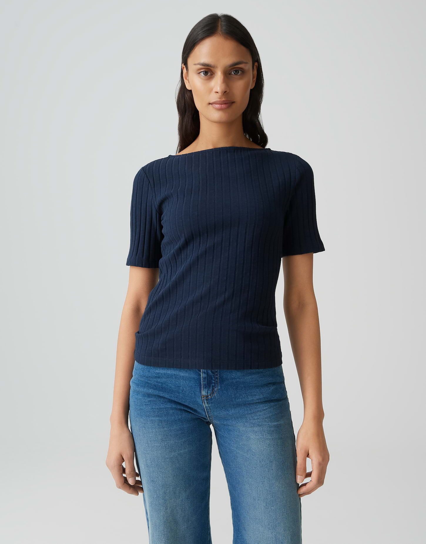 OPUS Kurzarmshirt Weiches Rippshirt aus Baumwoll Mix Slim Fit