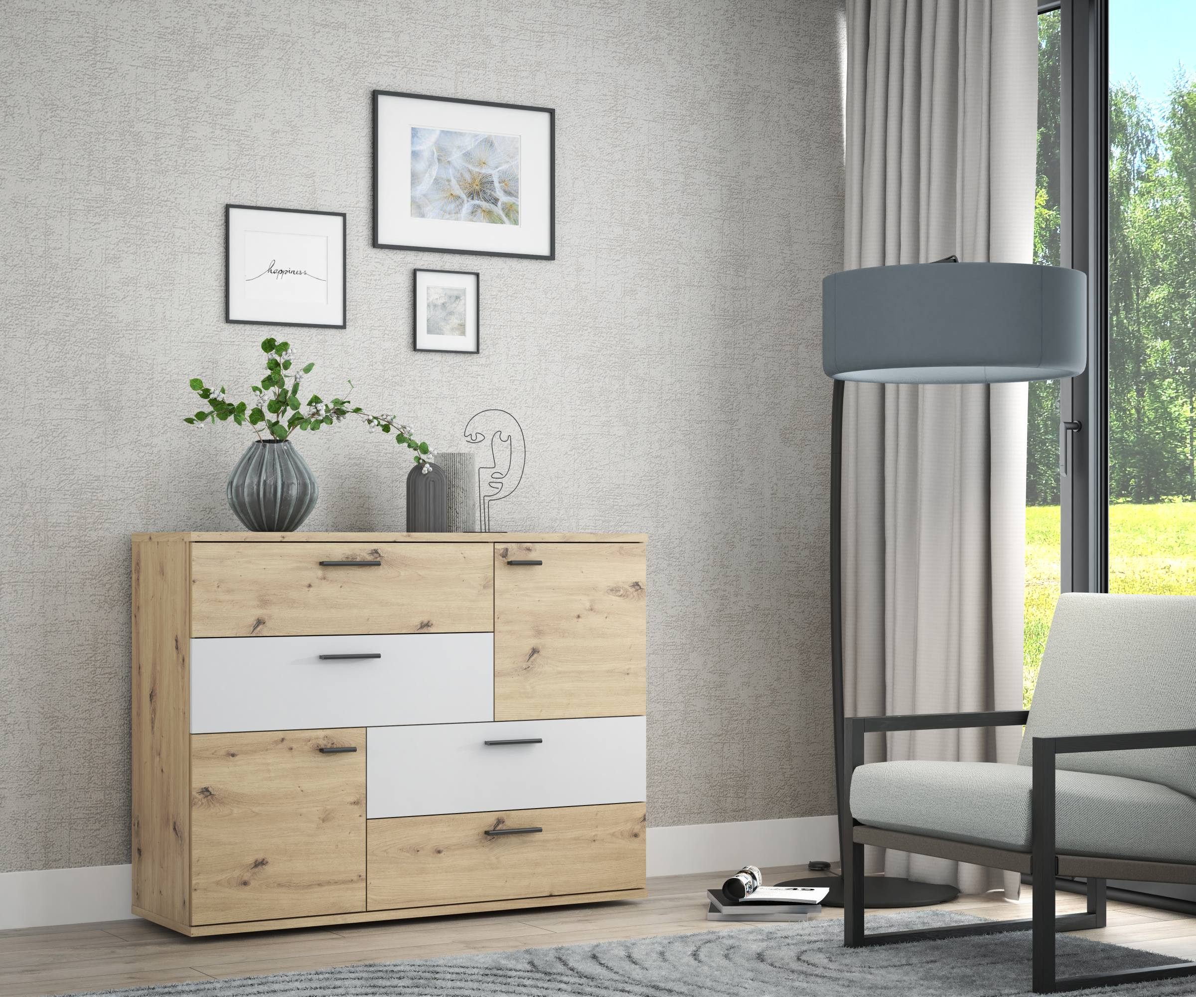 FORTE Kommode Kommode SKIVE Optik: Artisan Eiche / Secret Grey 2-trg. 4 Schubladen