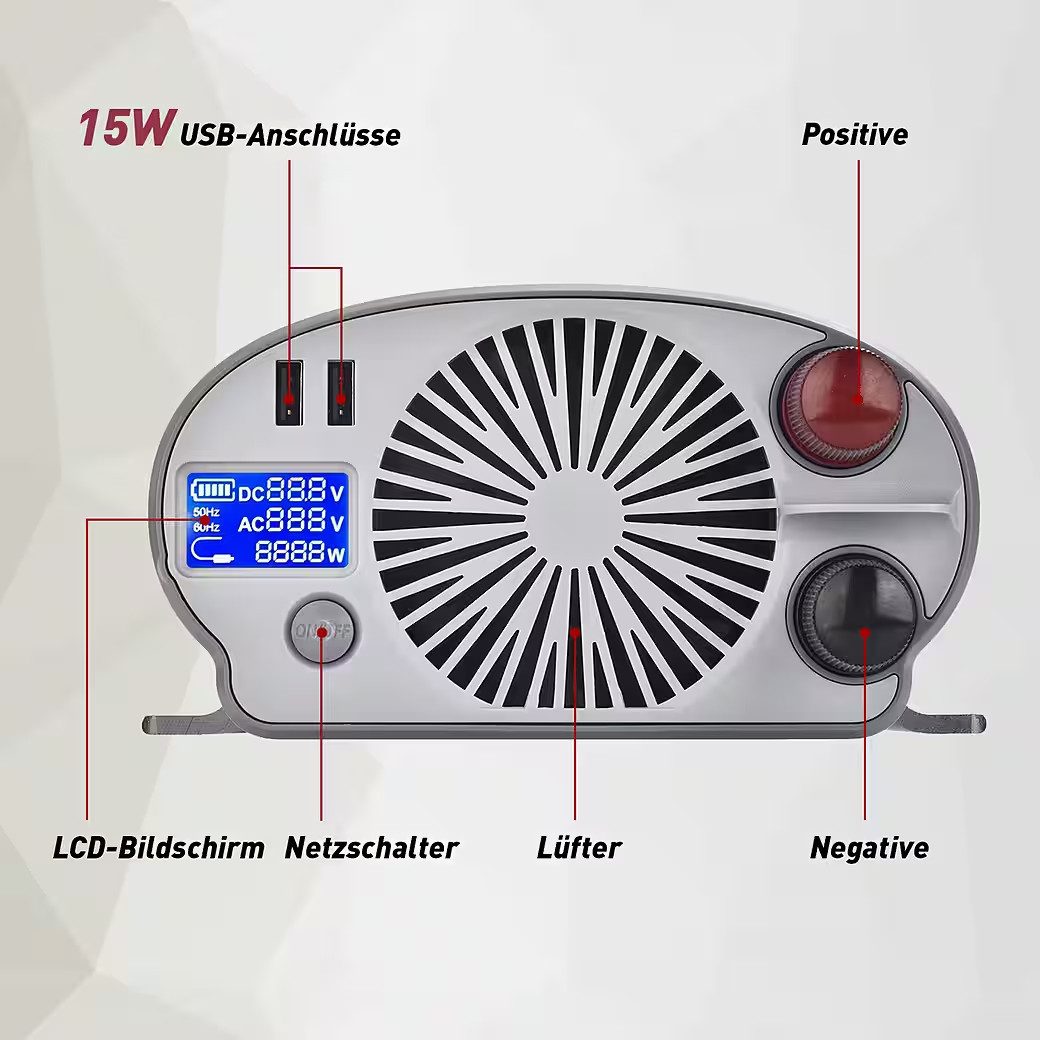 Sunstone Power Spannungswandler 1200W Reiner Sinus Wechselrichter (2400W Surge) DC 12V auf AC 230V, 2 Steckdosen, 2 USB-Anschlüsse, 1 LCD-Display