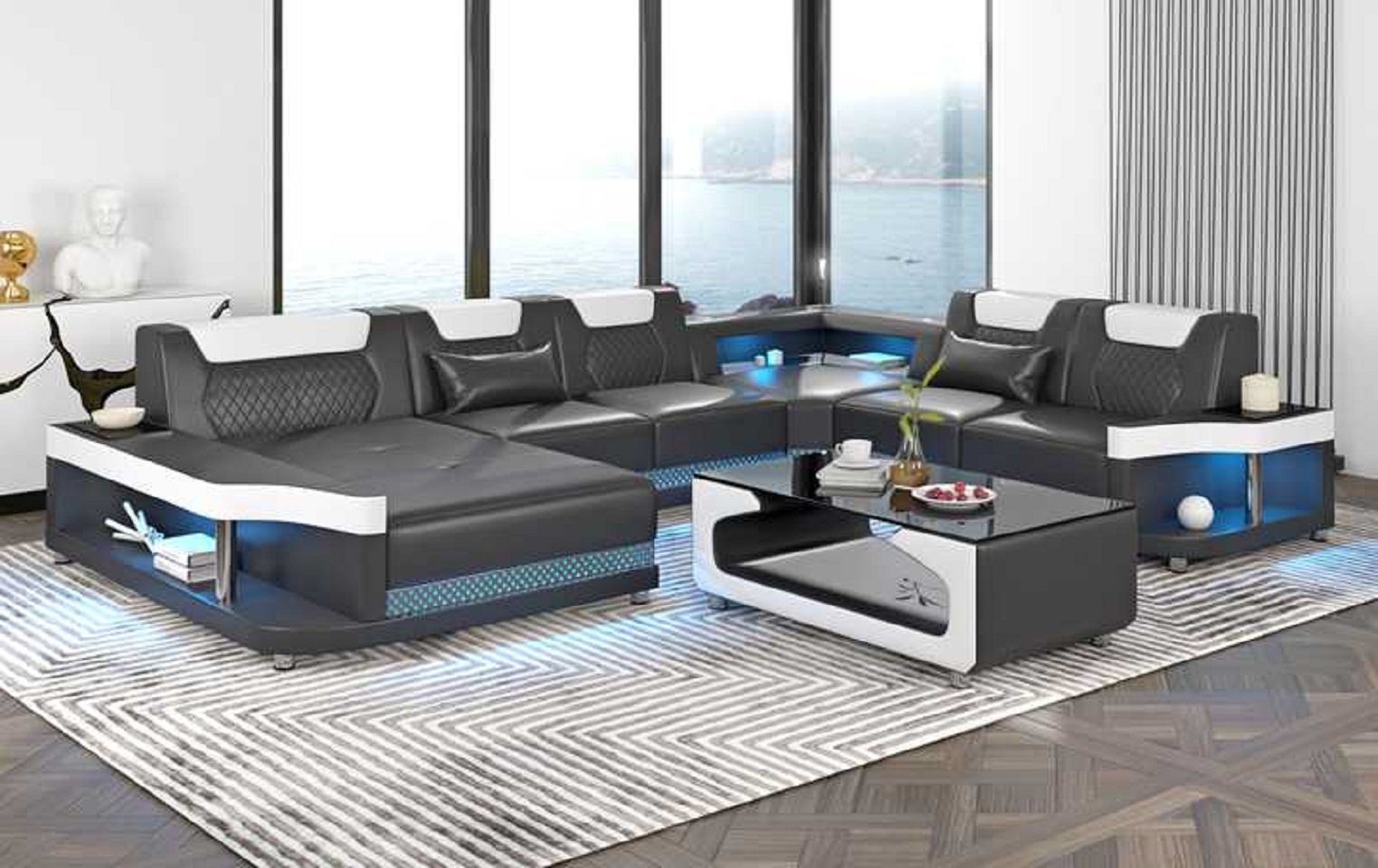 JVmoebel Ecksofa Großes Sofa Wohnlandschaft LED XXL U Form Ecksofa Luxus, 4 Teile, Made in Europe Schwarz