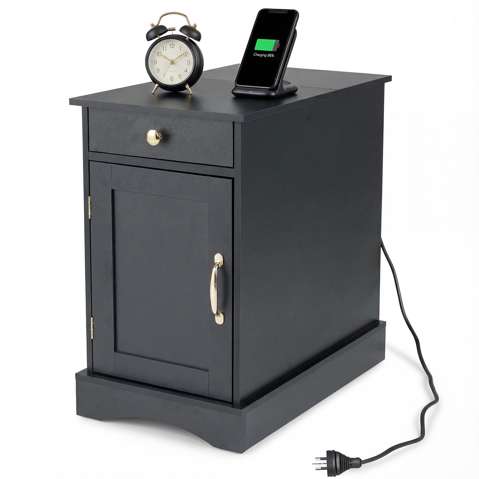 COSTWAY Beistelltisch, mit Ladestation, Nachttisch mit verstellbarem Regal Holz