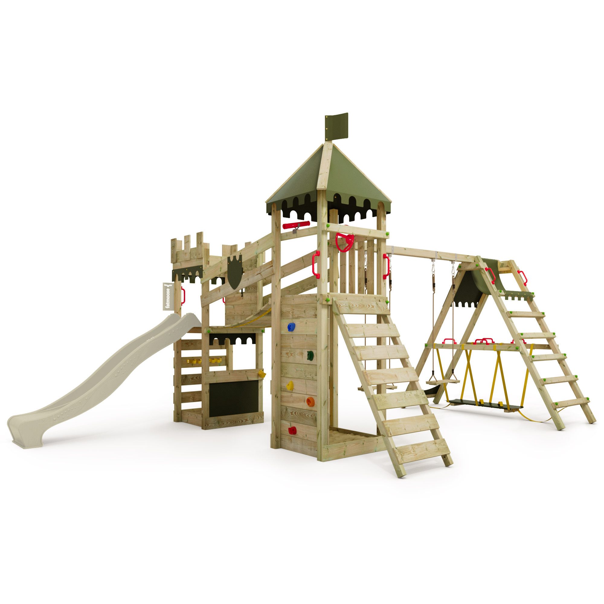 Spielturm RiverRun mit SurfSwing – Ritterburg mit Wellenrutsche, Hängebrücke