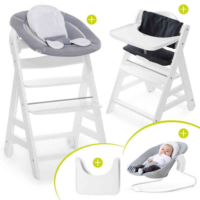 Hauck Hochstuhl »Beta Plus White Newborn Set« (Set, 5 St), Holz Babystuhl ab Geburt mit Liegefunktion inkl. Aufsatz für Neugeborene (Wippe), Tisch, Sitzauflage - mitwachsend, höhenverstellbar