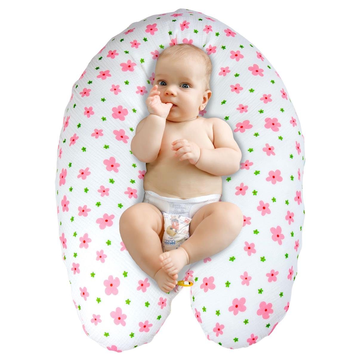 Babynest Design Musselin XXL Baumwolle Neugeborene, - XXL Blüme Rosa Kissen SEI Bezug Baby 190x30 100% cm, Seitenschläferkissen Stillkissen Erstausstattung