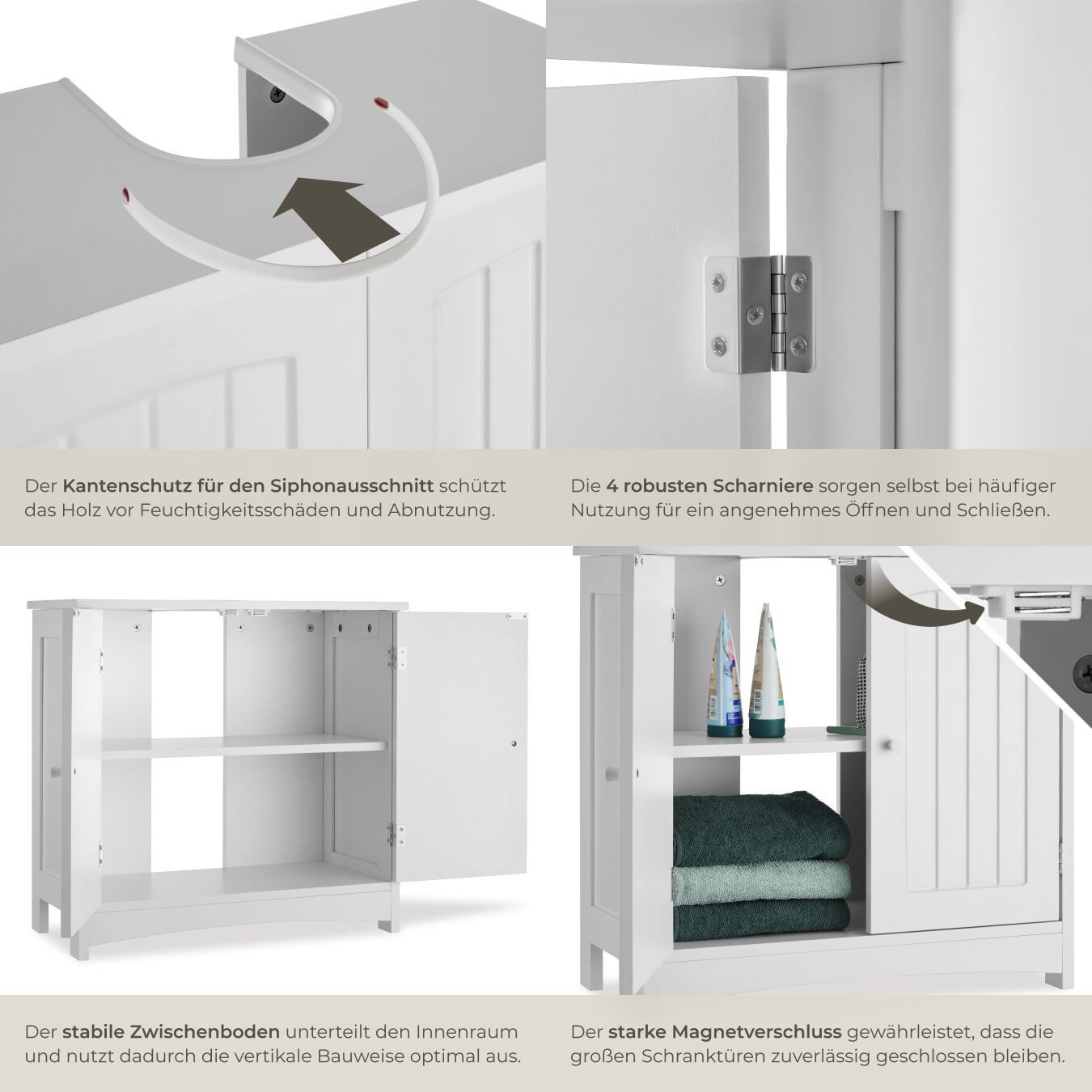 tectake Waschbeckenunterschrank Badezimmerschrank ohne Waschbecken, Belastbarkeit 35kg, 62 x 30 x (Badezimmer Unterschrank Jasper, in weiß) 2 geräumige Fächer,  – Bild 5 von 5