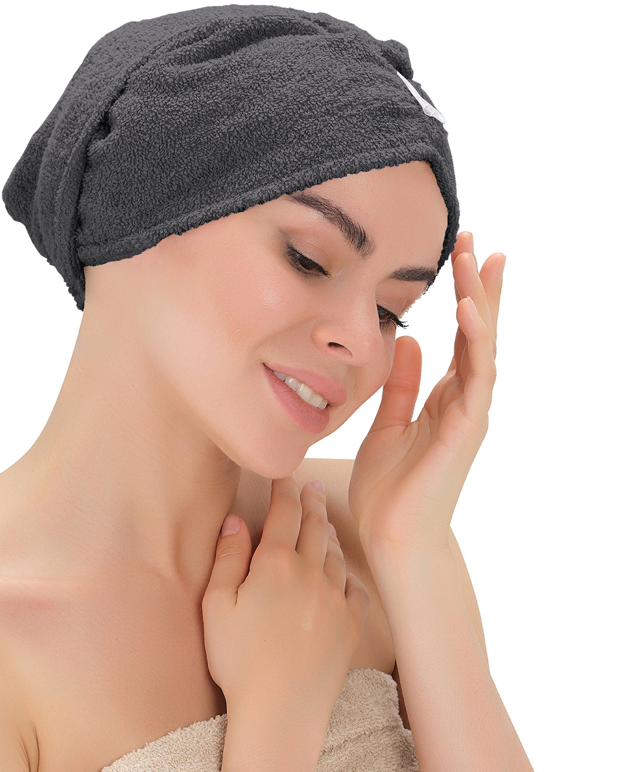 mit knopf (2-St), Anthrazit 100% Home Haarturban, Turban-Handtuch Emmy Baumwolle