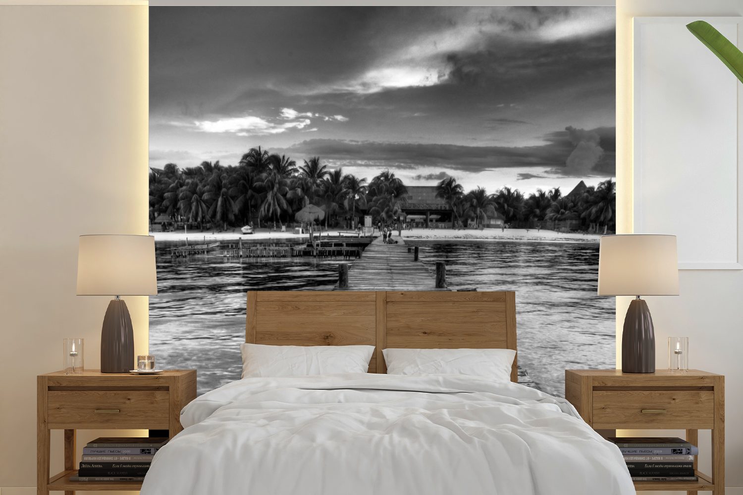 MuchoWow Fototapete Klares Wasser mit Promenade mit Blick auf die Isla Mujeres - Schwarz, Matt, bedruckt, (5 St), Vinyl Tapete für Wohnzimmer oder Schlafzimmer, Wandtapete