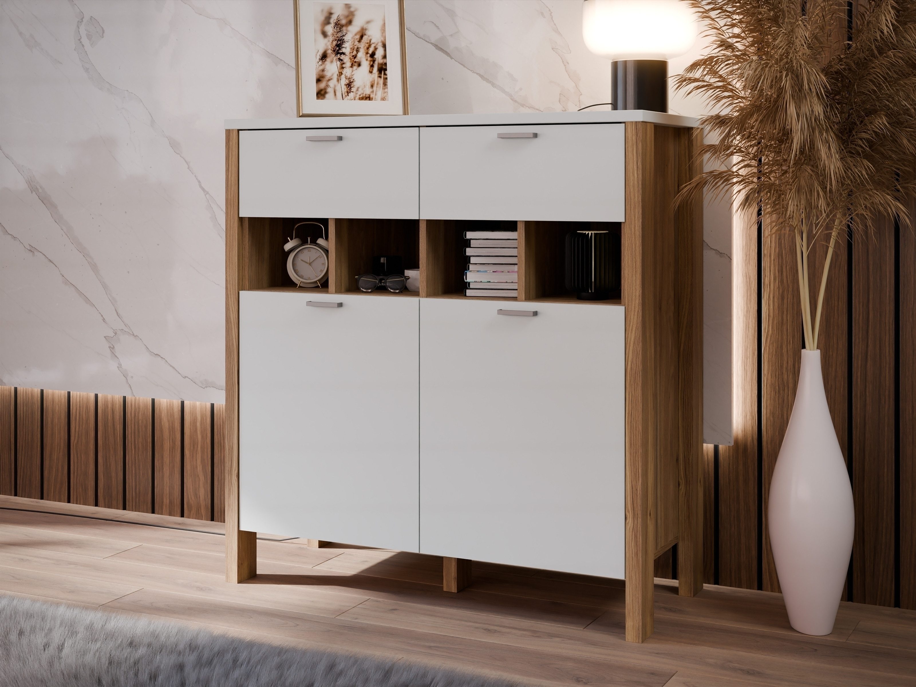FORTE Kommode 2x Tür, 2 Schübe Mauvella Eiche Dekor/grau - 96,7x102,5x41,6cm (BxHxT)