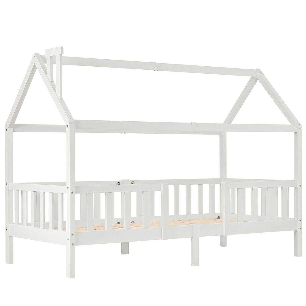 Kinderbett (Hausbett 90 x 200 cm), mit Schornstein, Rausfallschutz und Lattenrost, aus Kiefernholz