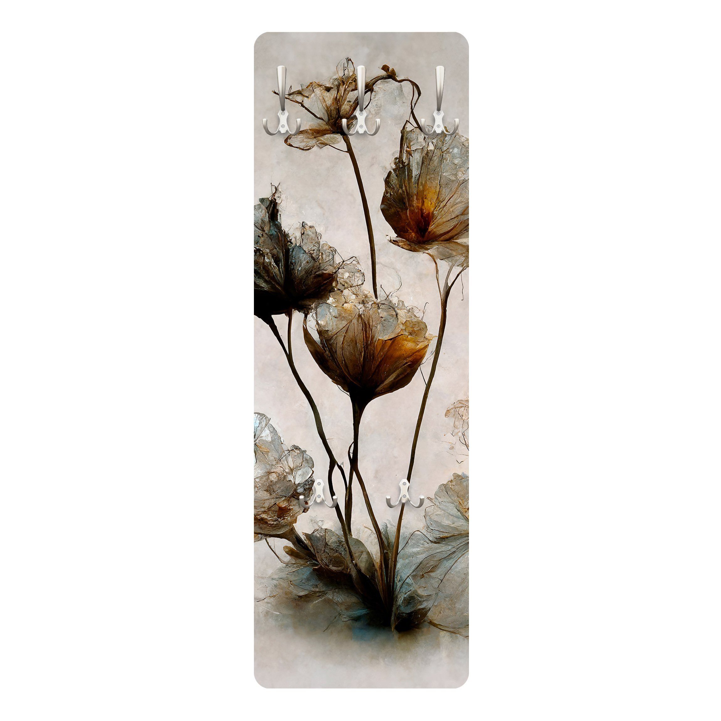 Bilderdepot24 Garderobenpaneel beige Blumen Floral Getrocknete Blüten Design (ausgefallenes Flur Wandpaneel mit Garderobenhaken Kleiderhaken hängend), moderne Wandgarderobe - Flurgarderobe im schmalen Hakenpaneel Design