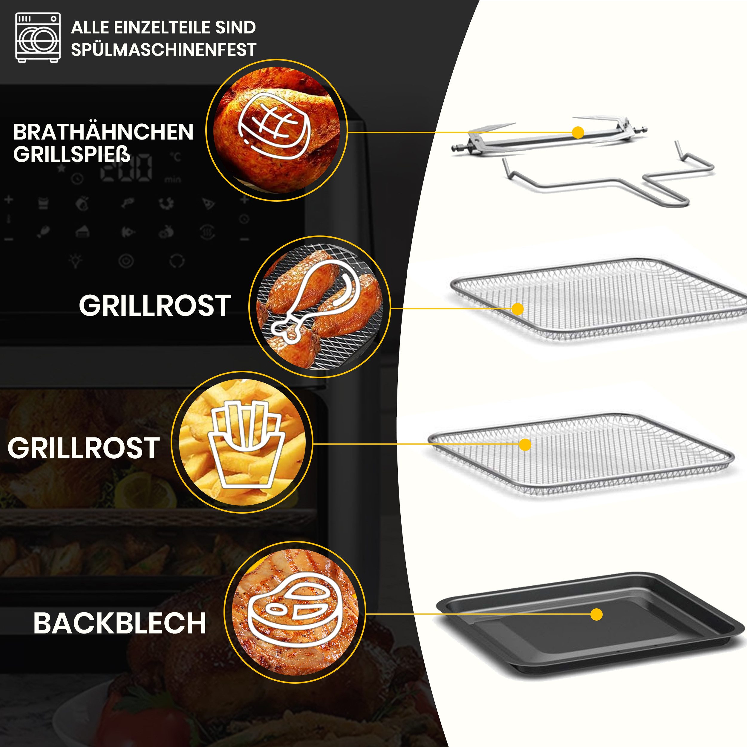 Sinaopus Heißluftfritteuse 12 L XXL Airfryer mit 12 Programmen, Sichtfenster, Touchdisplay und Minibackofen-Funktion, 2000,00 W, Fettarm frittieren, backen, gri – Bild 5 von 5