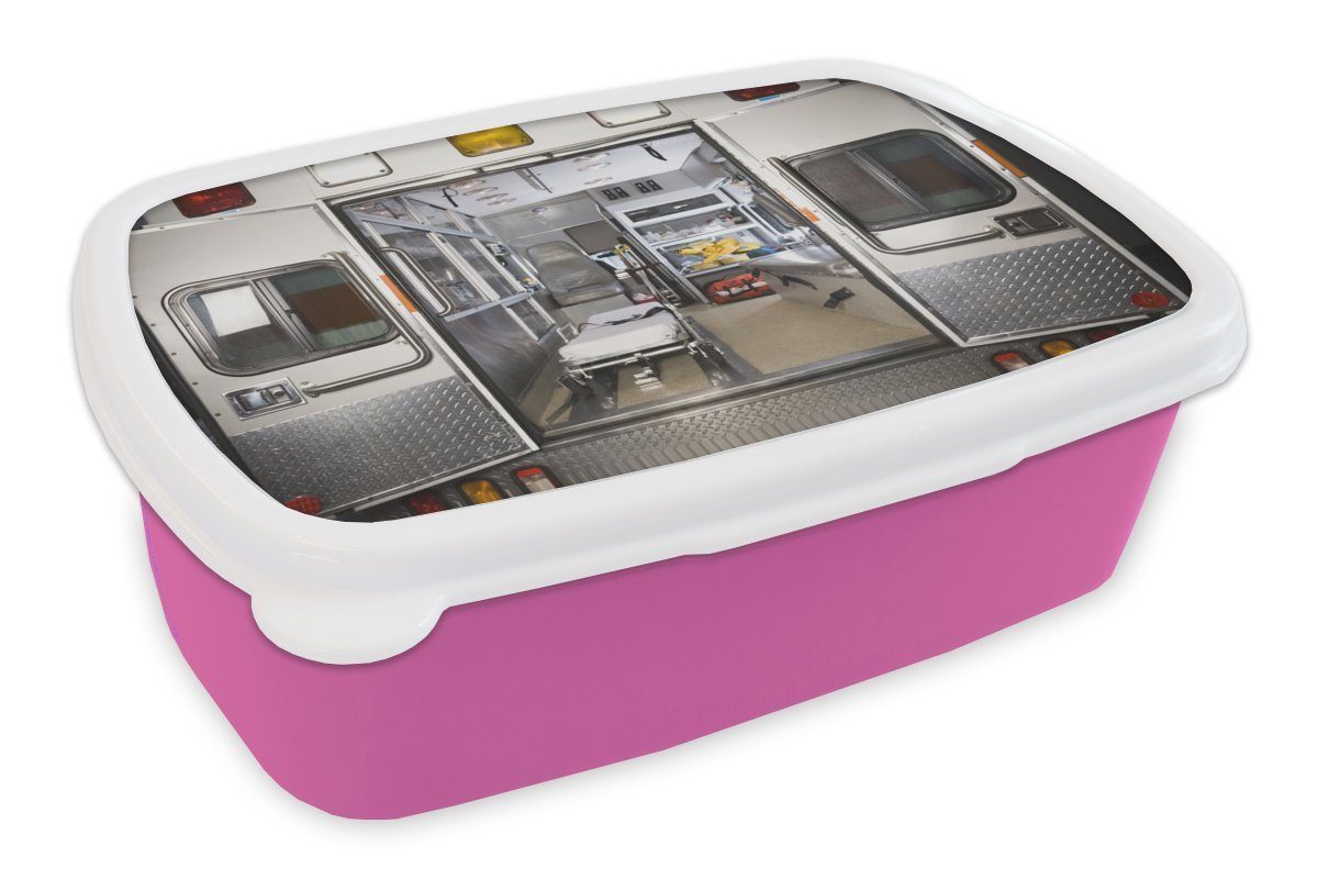 MuchoWow Lunchbox Krankenwagen mit offenen Türen, Kunststoff, (2-tlg), Brotbox für Erwachsene, Brotdose Kinder, Snackbox, Mädchen, Kunststoff rosa