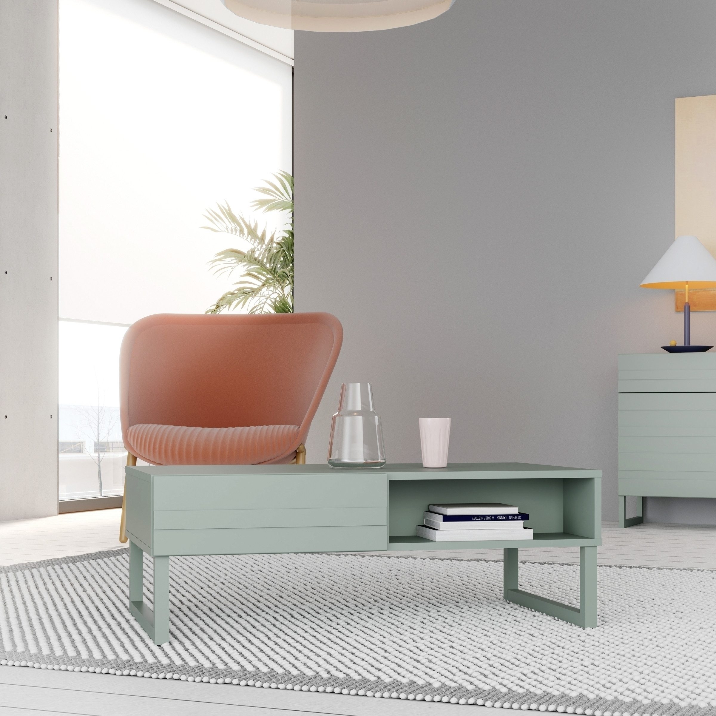 freiraum Couchtisch BRETANIA, 2 Faächer, 2 Schubladen, in Salbei - 109,8x39x62,6cm (BxHxT)