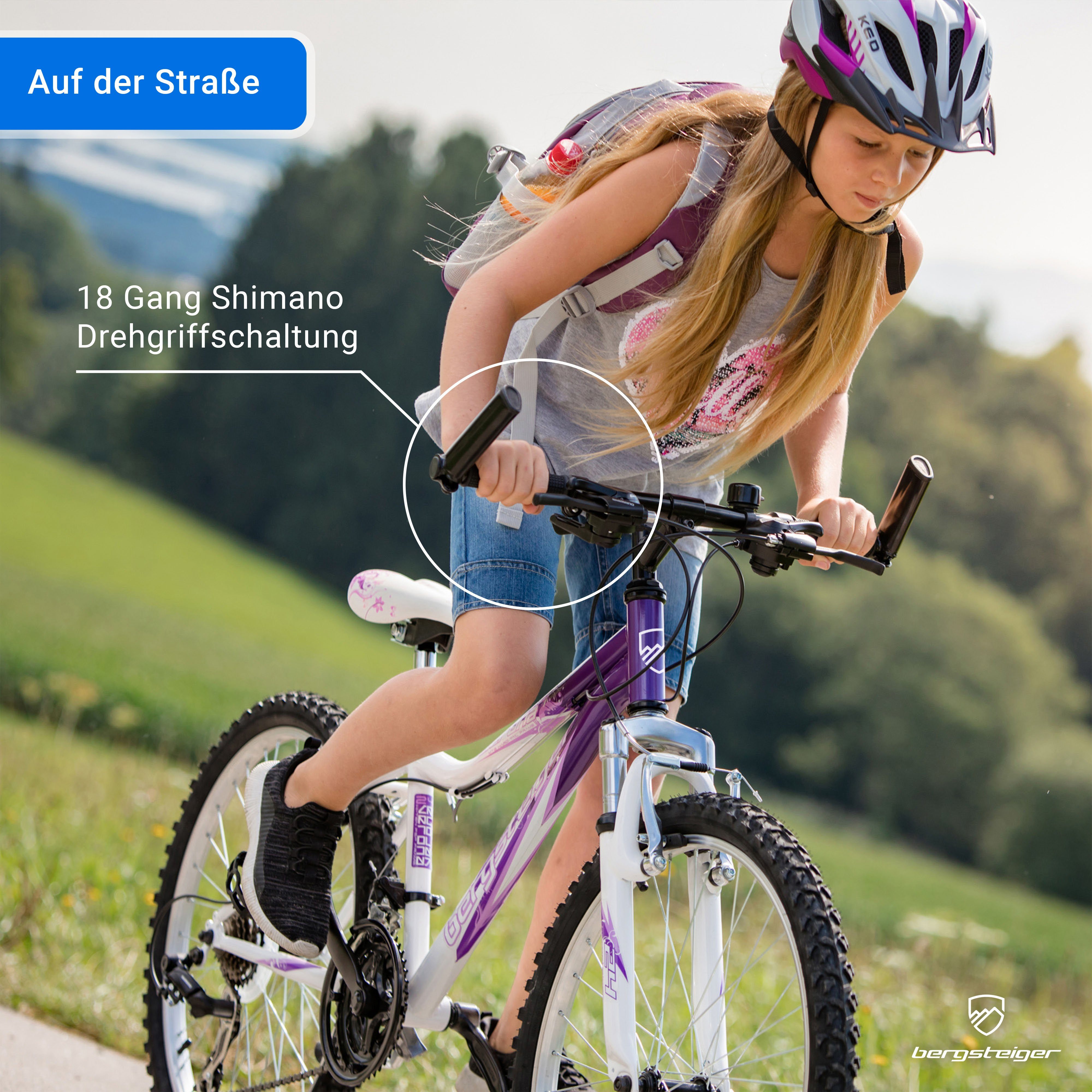 bergsteiger Kinderfahrrad Verona 24 Zoll, geeignet für 8, 9, 10, 11 Jahre, Mädchen, 18 Gang Shimano Tourney RD-TZ50 Schaltwerk, Kettenschaltung, V-Bremsen