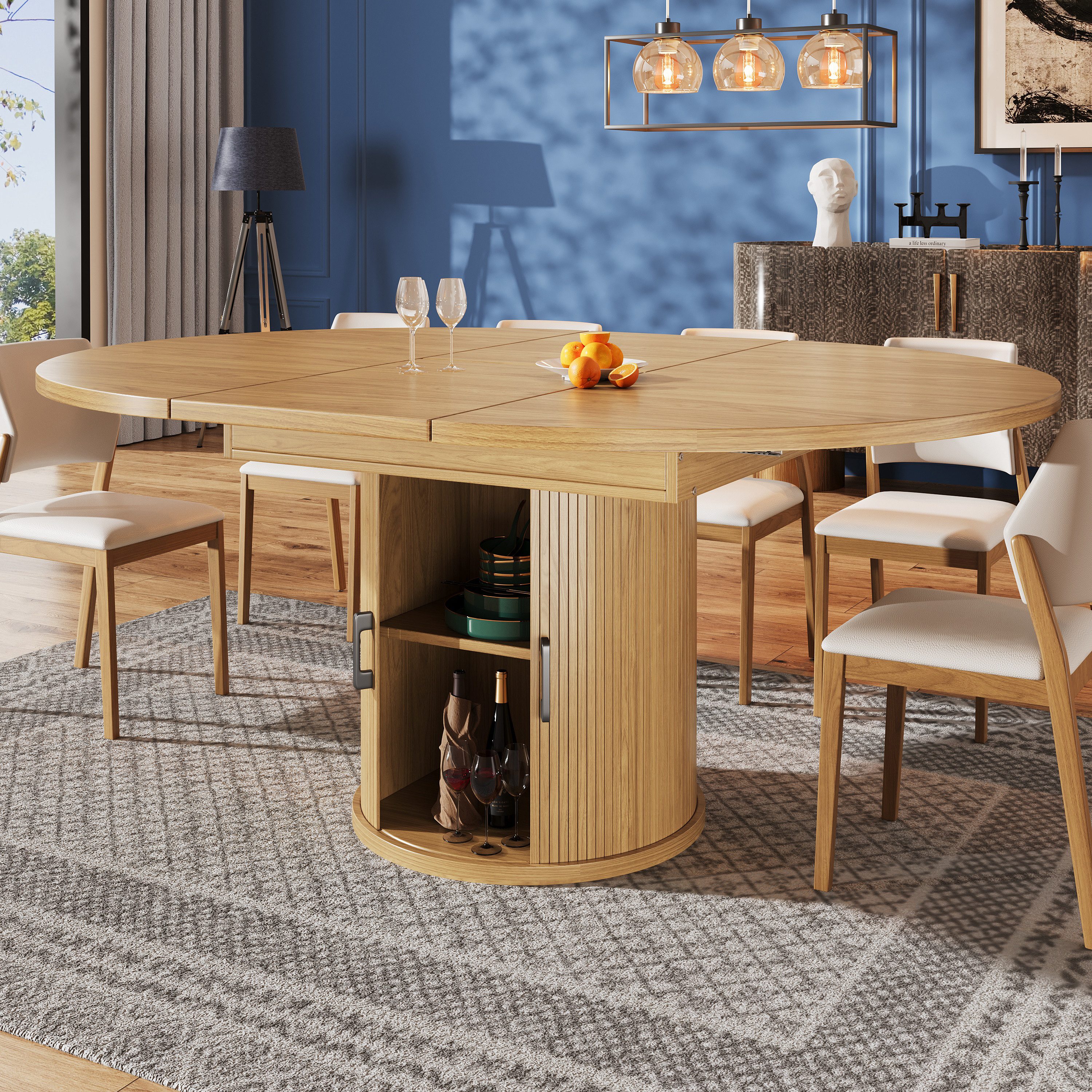 Flieks Esstisch runder/ ovaler Küchentisch mit ausziehbarer Tischplatten (1 Tisch, 1-St., L118-158/T118/H76,8 cm), Esszimmertisch mit Schiebetüren und Stauraum, erweiterbarer Tisch