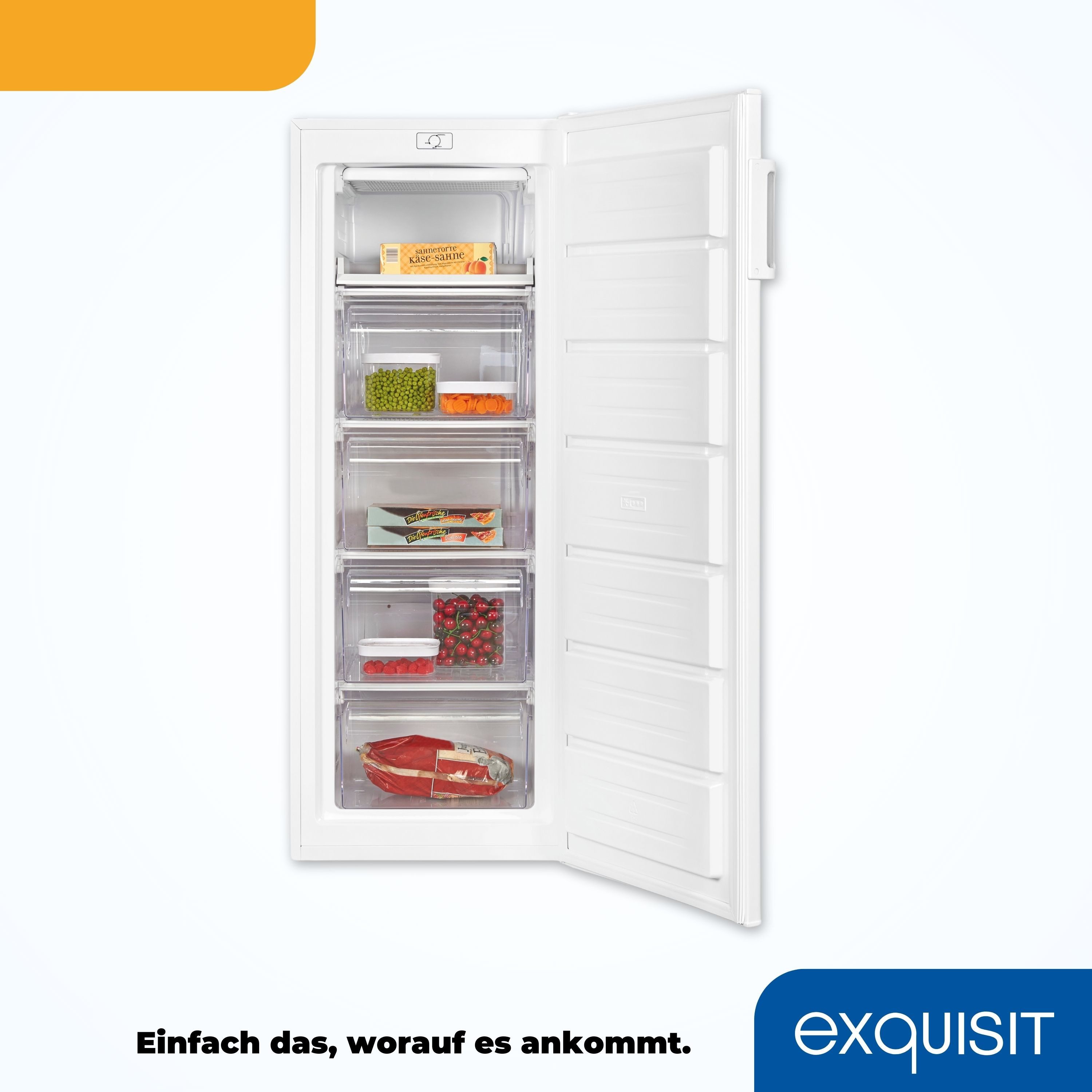 exquisit Gefrierschrank GS230-H-040D, 142,6 cm hoch, 54,4 cm breit, 4*-Gefrierschrank mit praktischem Griff – leicht & bequem zu öffnen